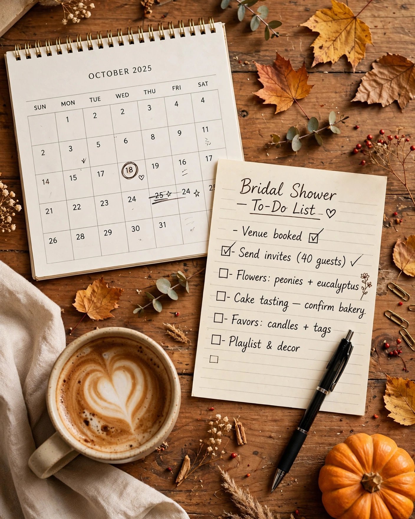 Bridal shower planning flat lay with calendar, checklist, coffee and fall leaves