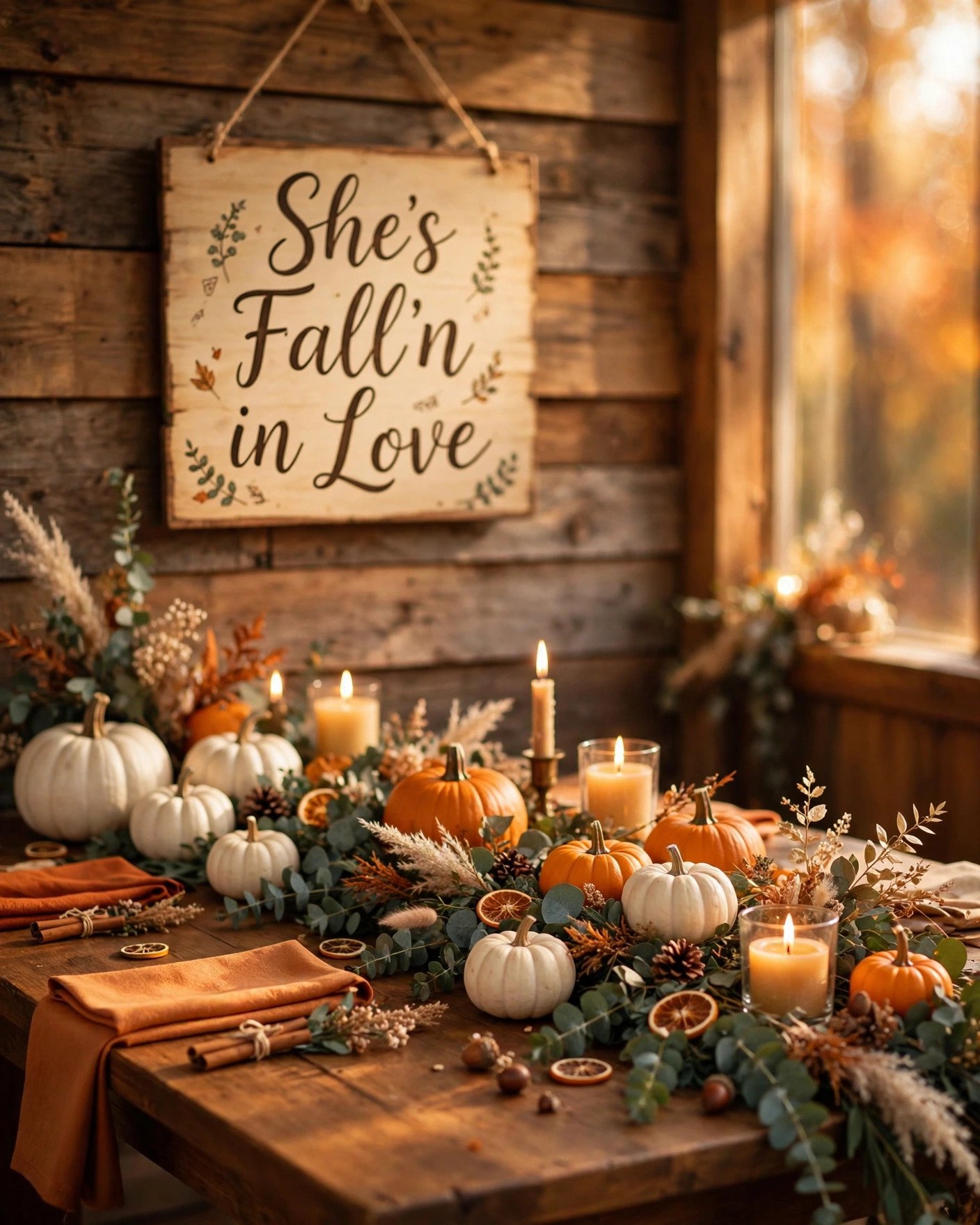 Cozy fall bridal shower setup with pumpkins, candles and warm autumn tones