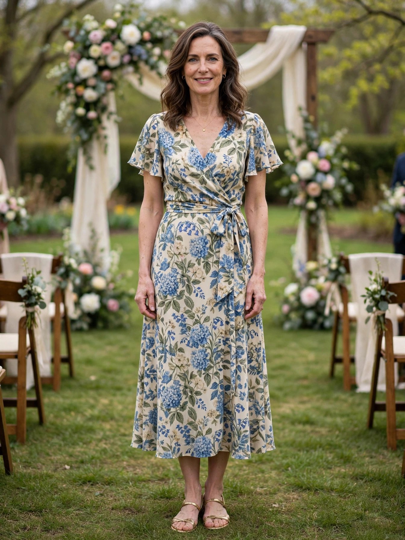 Woman over 40 wearing an elegant floral wrap midi dress at a spring garden wedding