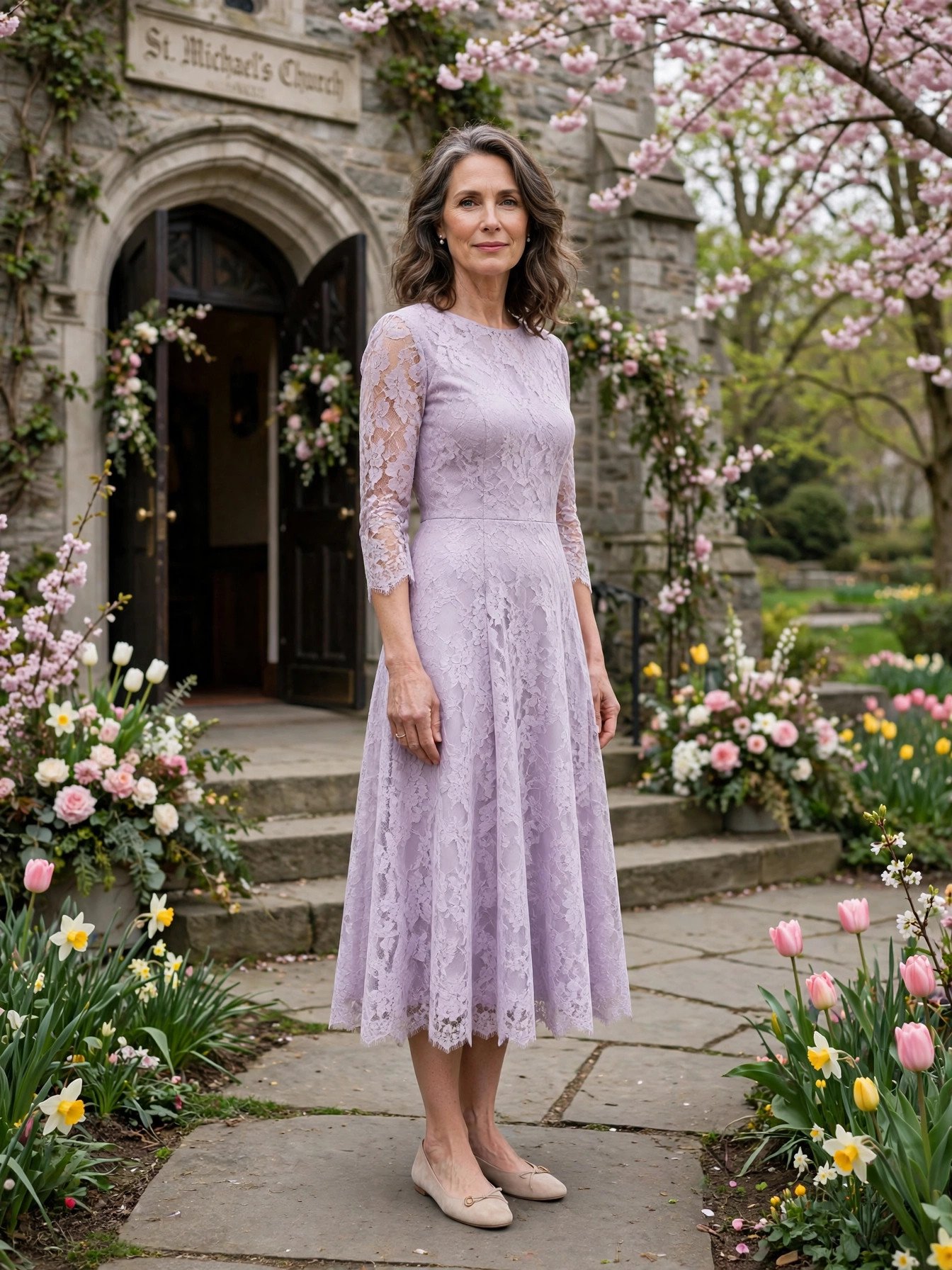 Elegant woman over 40 in a pastel lace midi dress at an elegant spring wedding