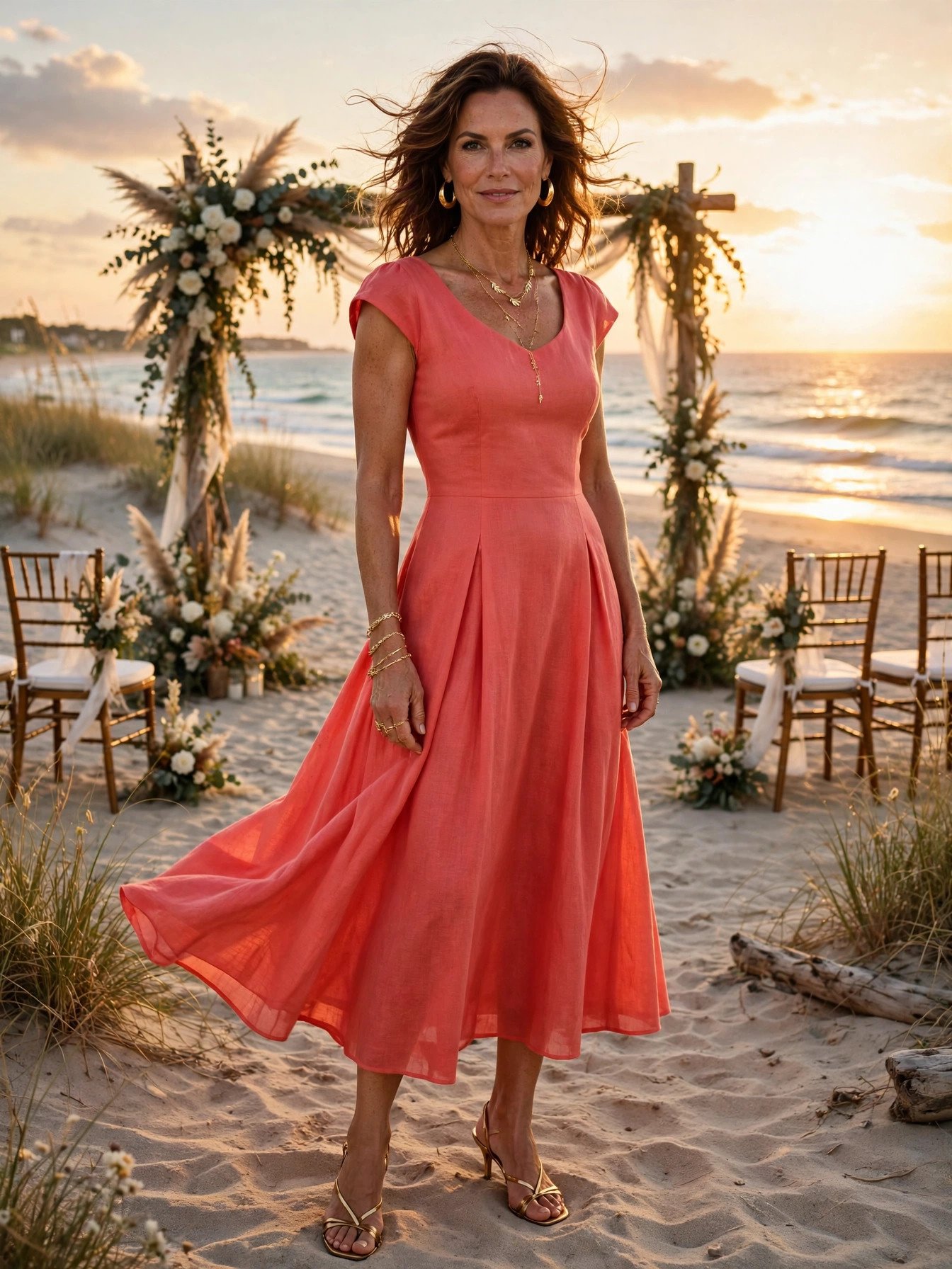 Woman over 40 in a coral fit-and-flare dress at a beach destination wedding
