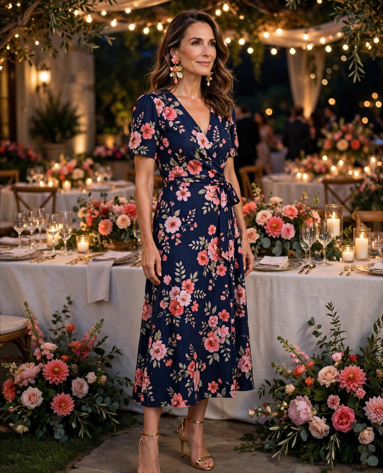 Elegant woman over 40 in a navy floral midi dress at an evening wedding