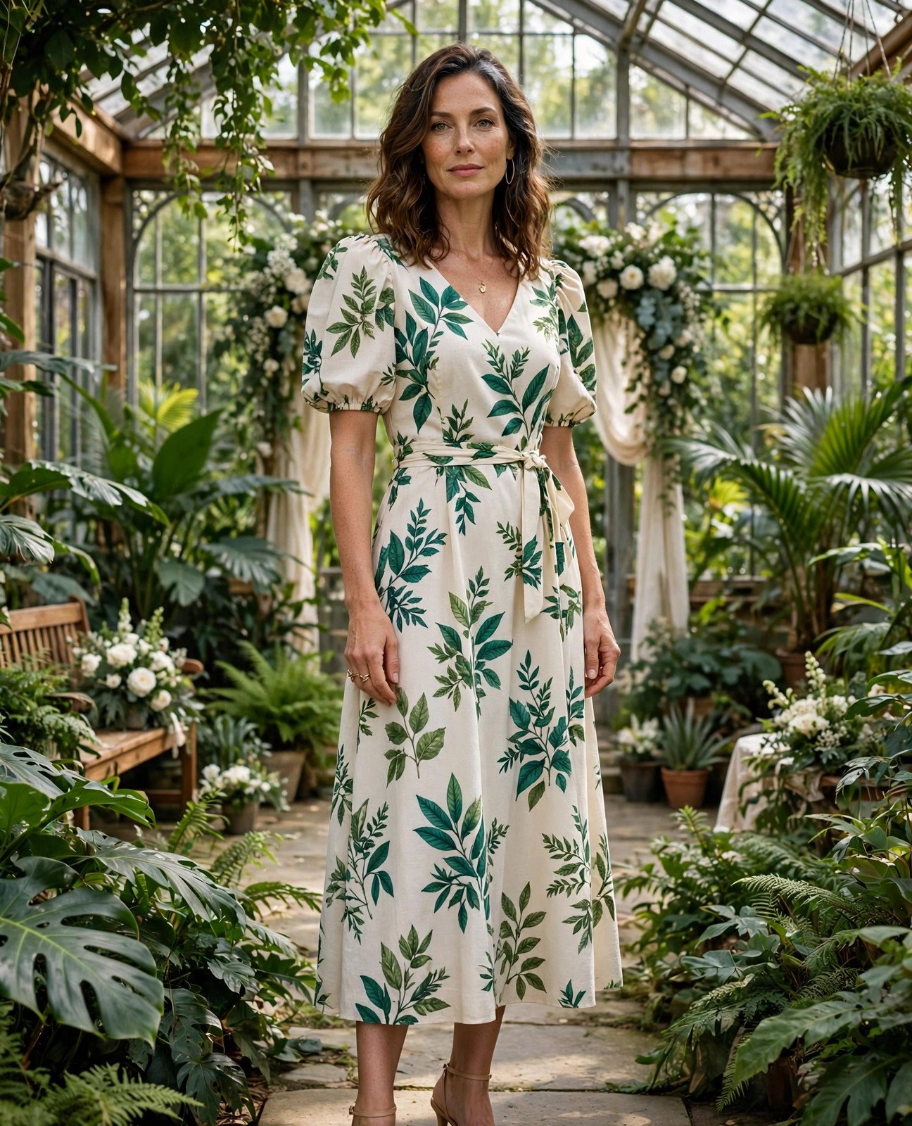Woman over 40 in a botanical green and cream dress at a botanical garden wedding