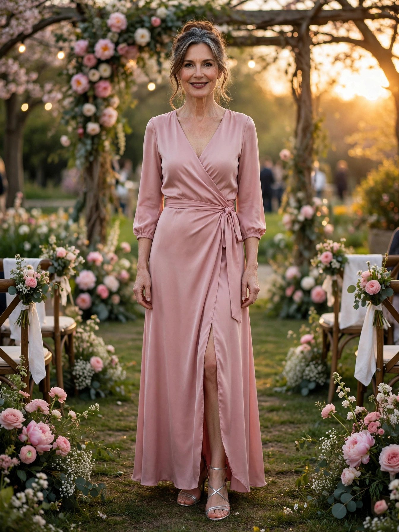 Woman over 40 in a dusty pink maxi dress at a spring wedding at golden hour