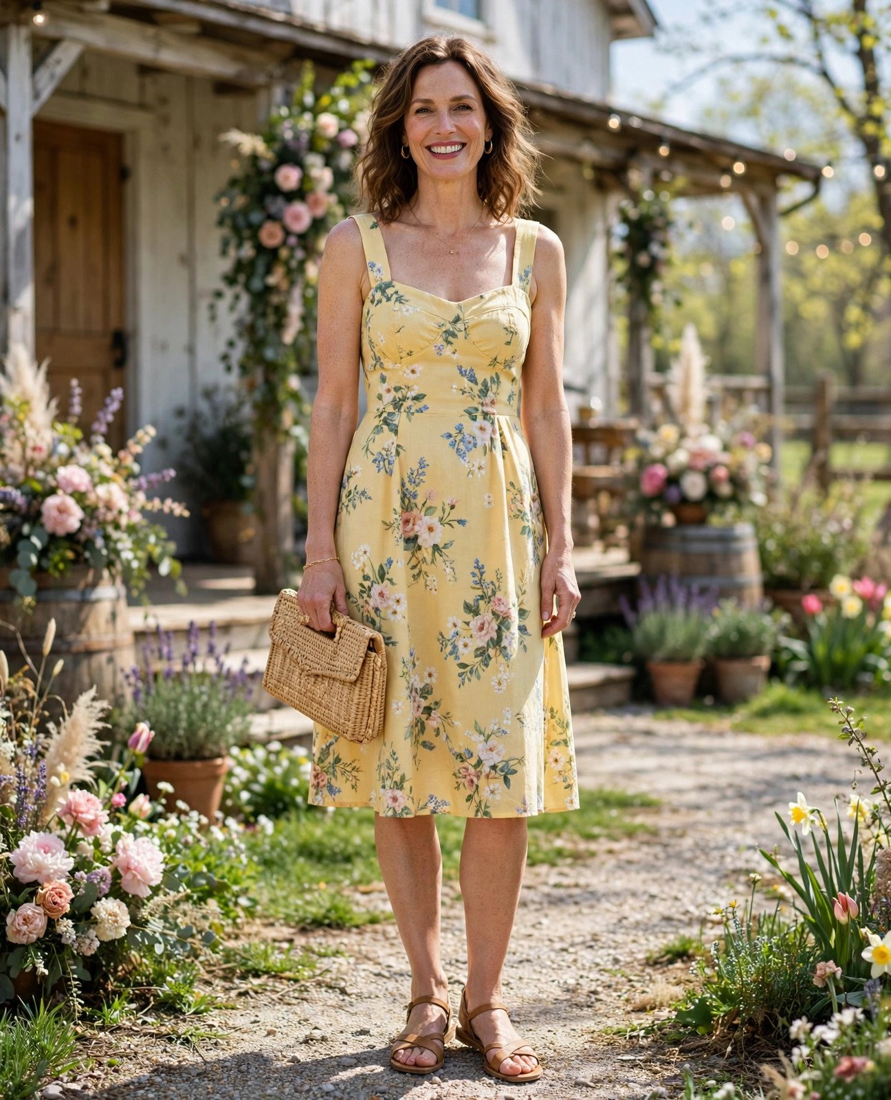 Woman over 40 in a yellow floral sundress at a daytime farmhouse wedding