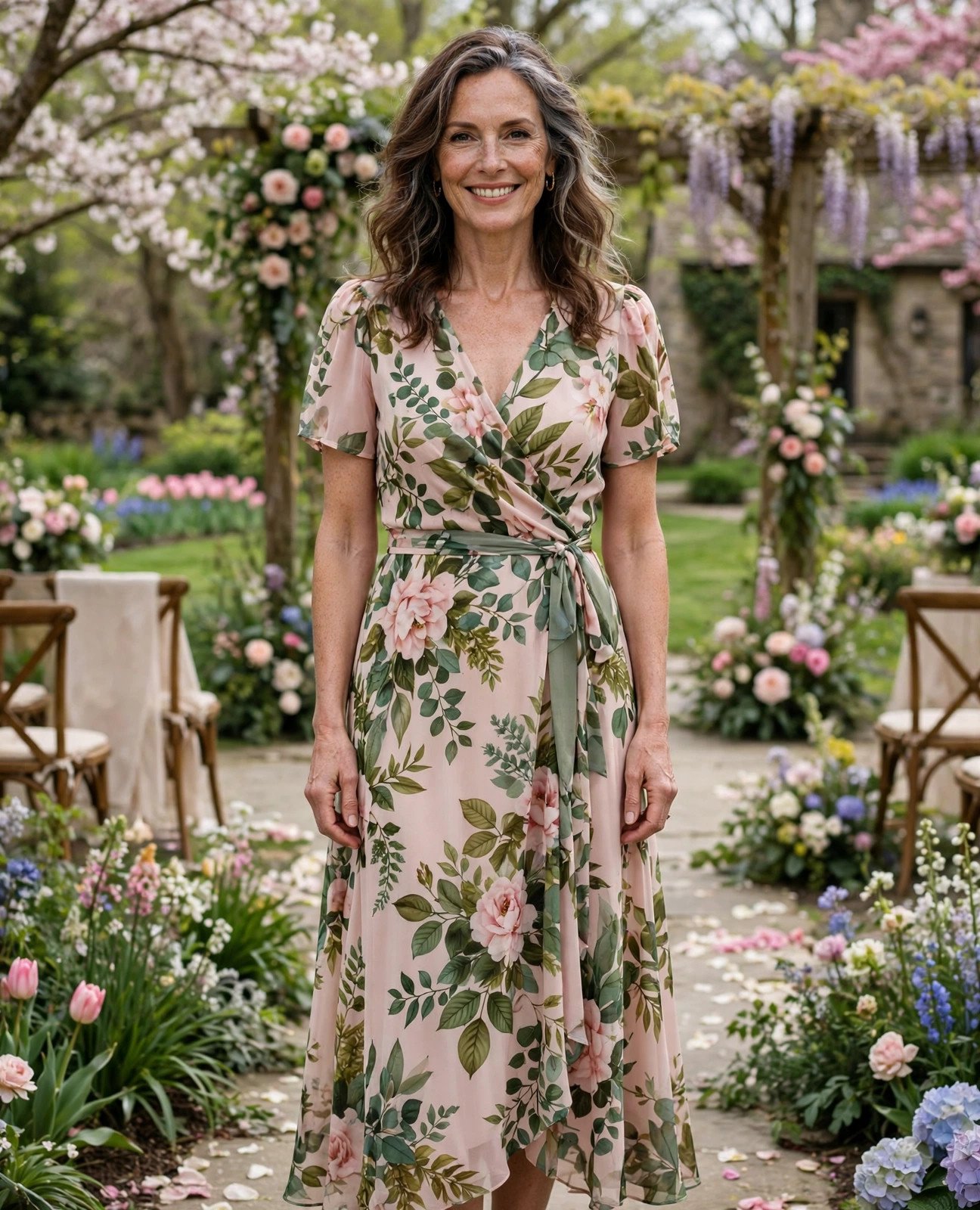 Elegant woman over 40 in a spring floral wedding guest dress standing in a blooming garden