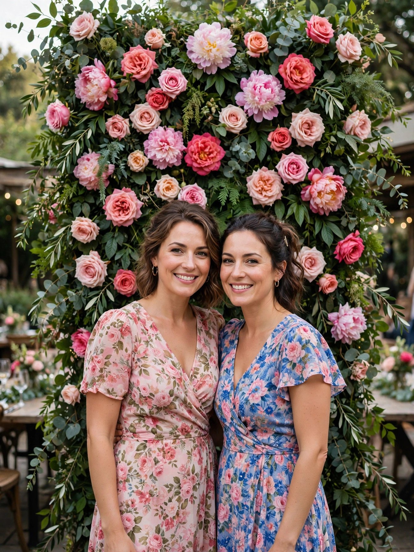 Lush pink and coral flower wall backdrop at a party with guests posing for photos