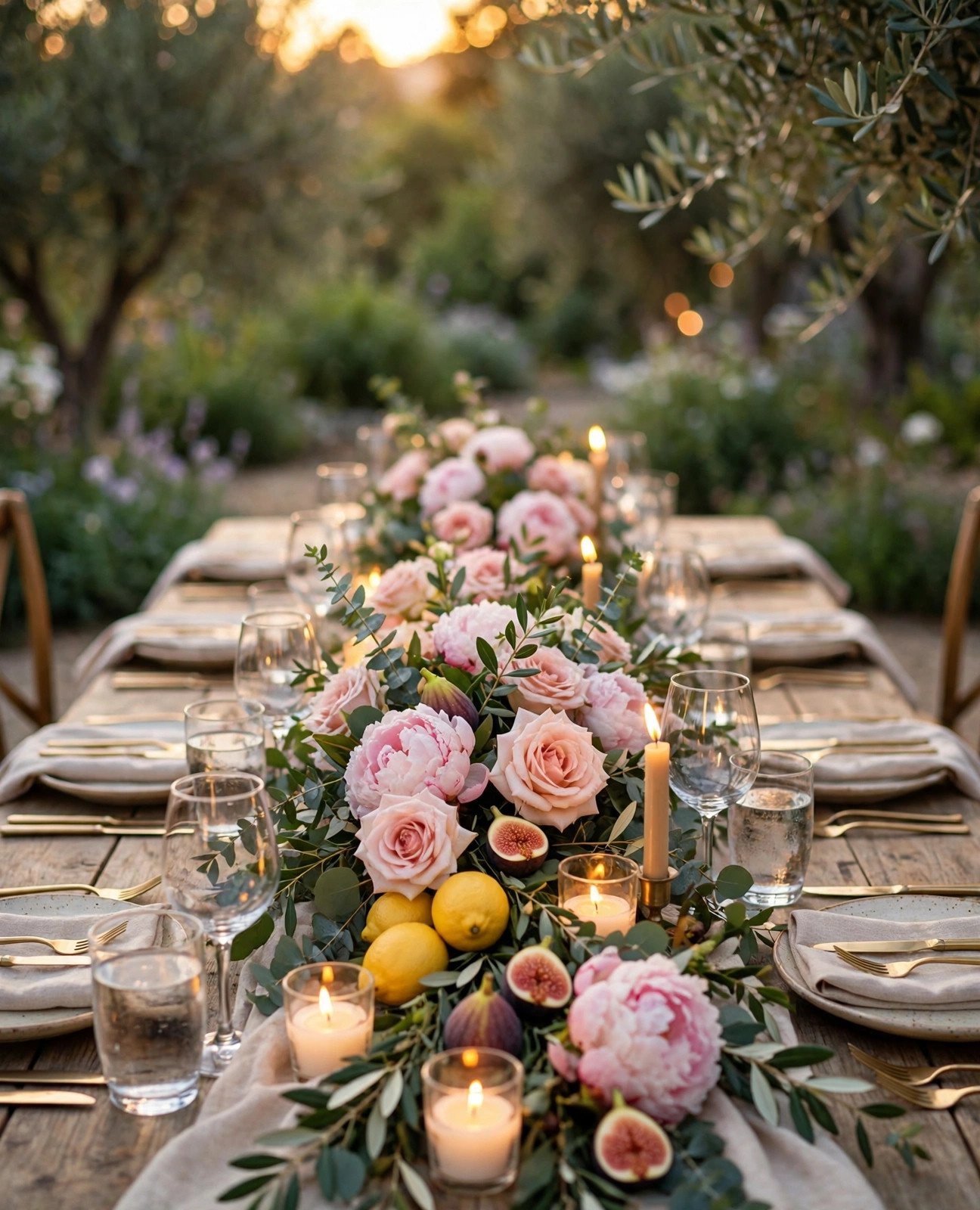 Party table with a lush floral garland runner of roses and greenery with candles