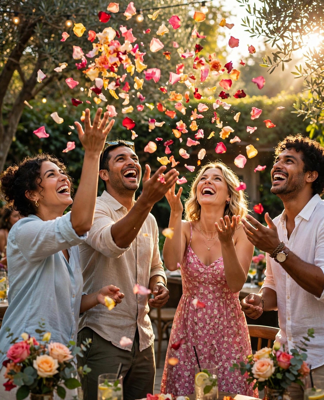 Guests throwing colorful flower petals in the air at a joyful party moment