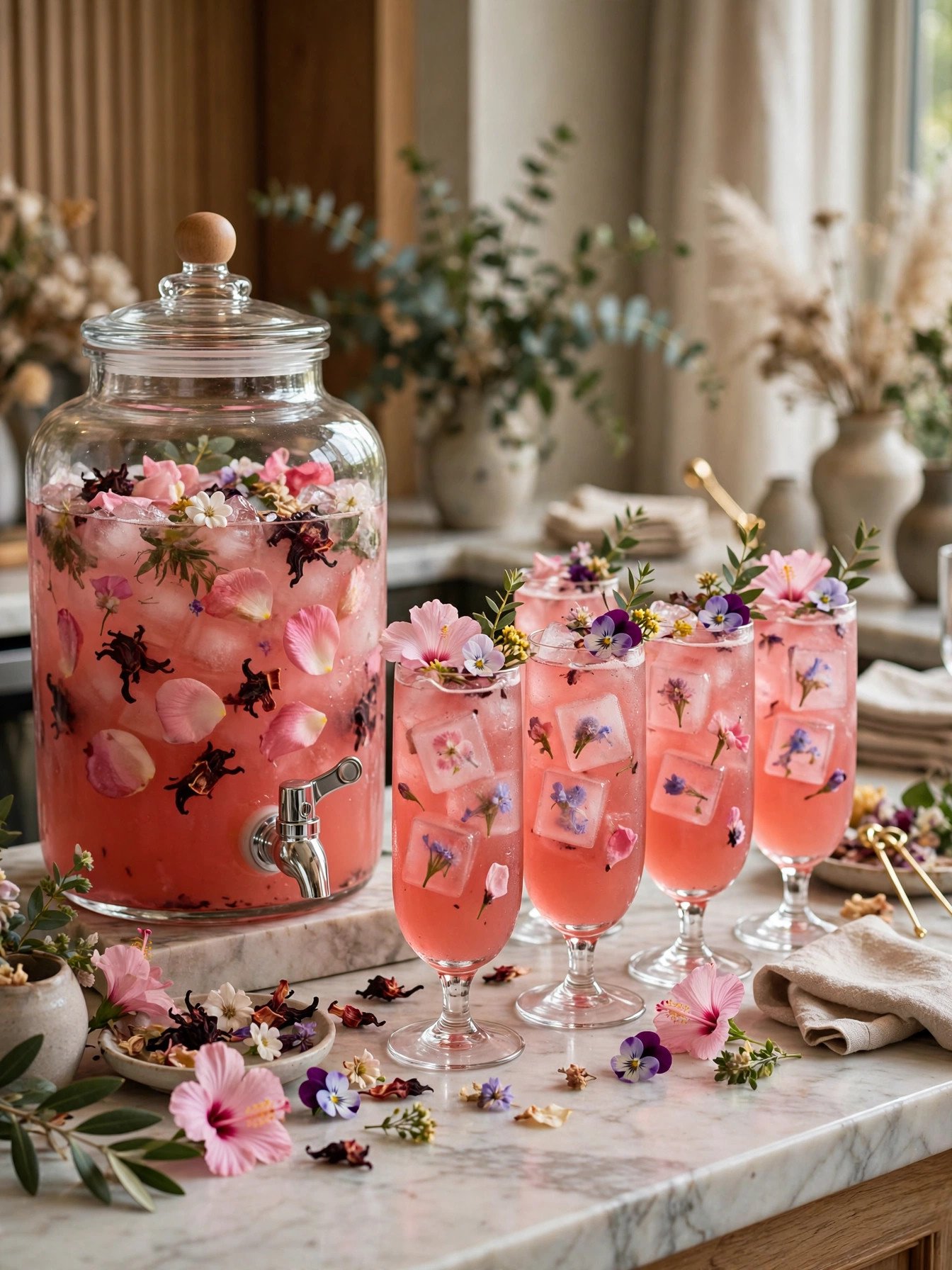 Pink hibiscus cocktails garnished with edible flowers at a flower theme party bar