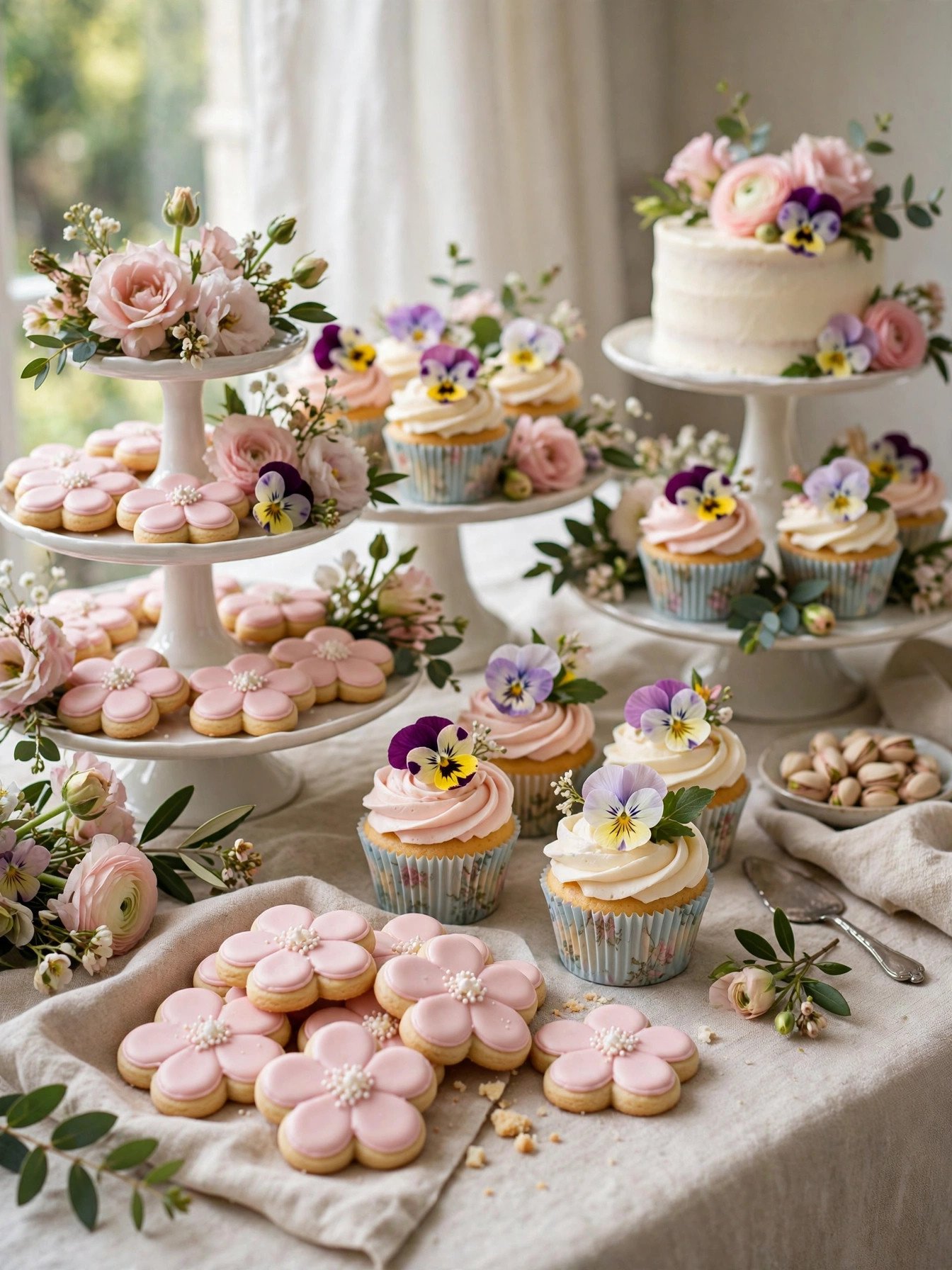 Flower-shaped sugar cookies and blossom cupcakes on a party dessert table
