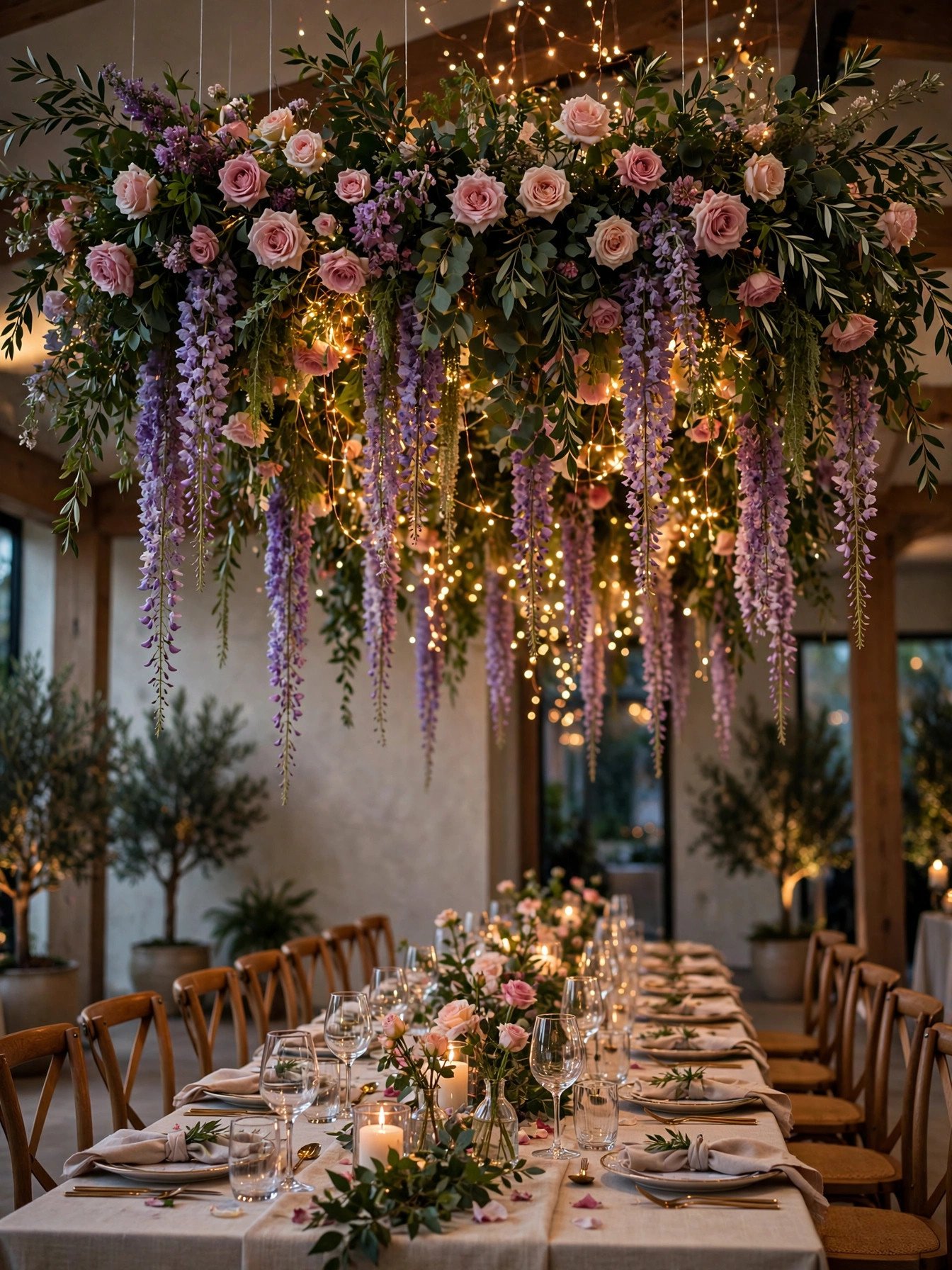 Hanging flower installation of blooms and greenery suspended above a party table