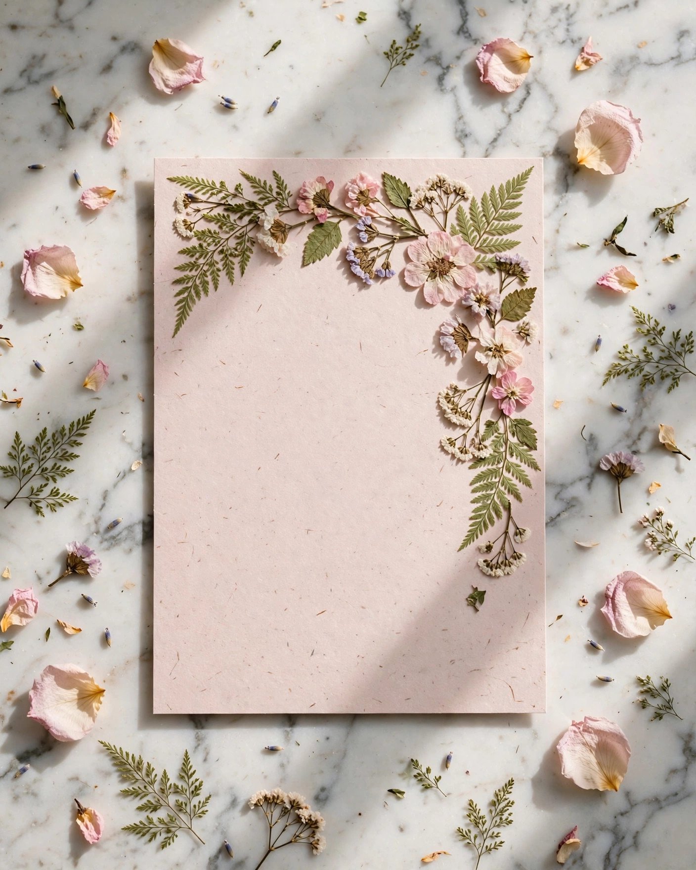 Elegant floral party invitation with pressed flowers and calligraphy