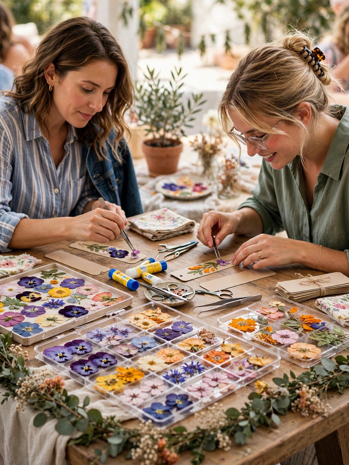 Guests pressing colorful flowers into bookmarks and candles at a craft station