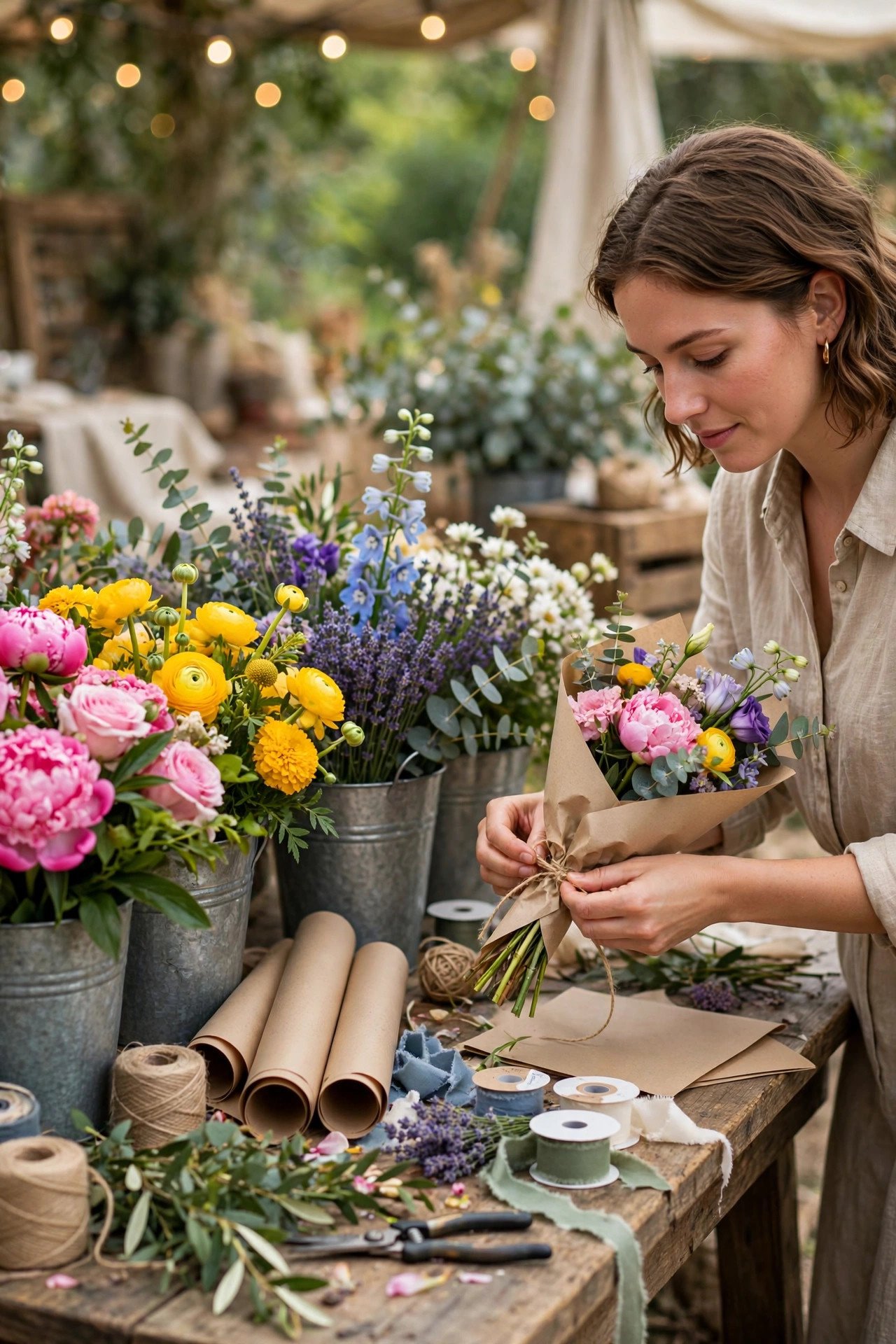 Build-your-own bouquet bloom bar with buckets of flowers and wrapping paper at a party