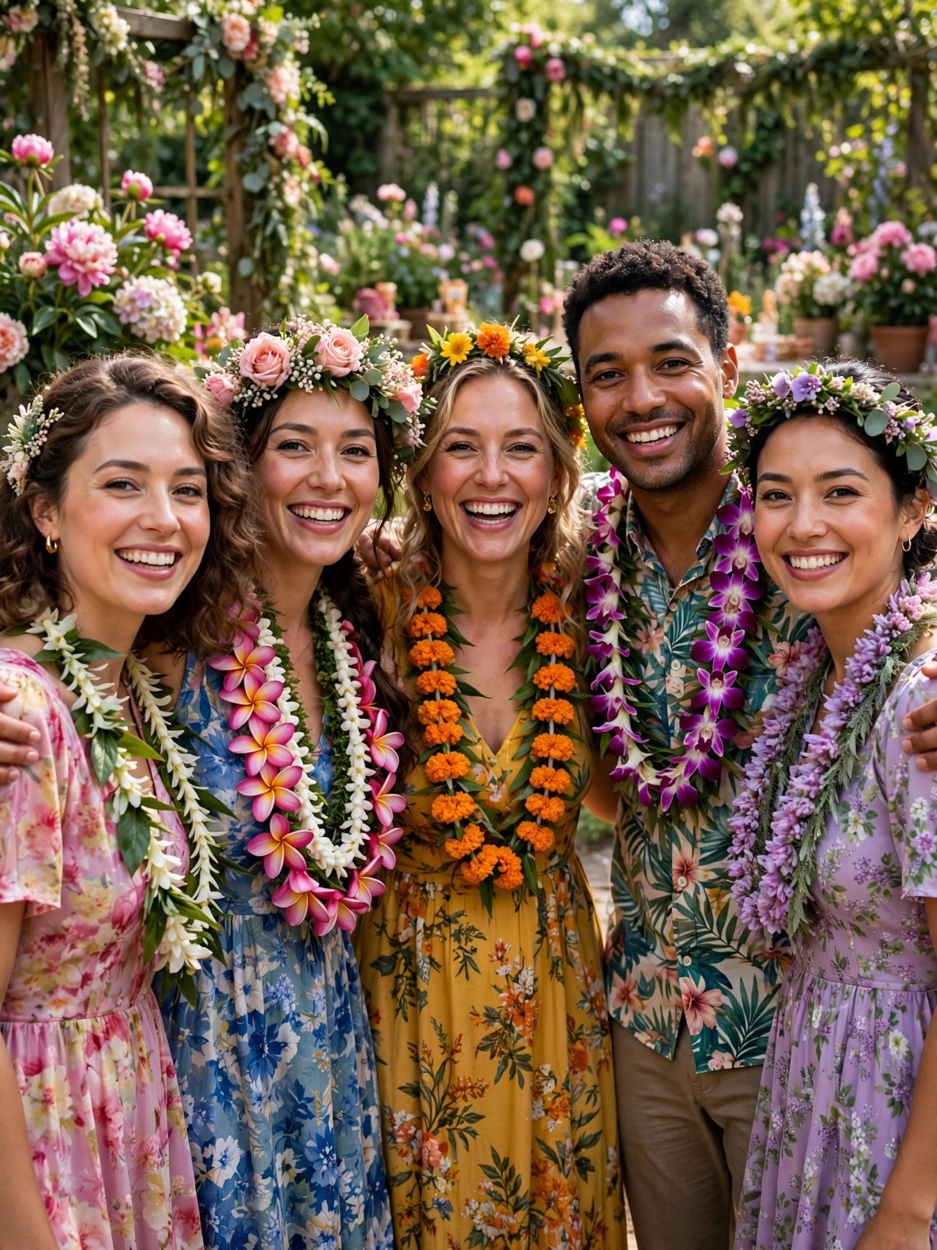 Party guests wearing floral dresses and flower accessories at a flower theme party
