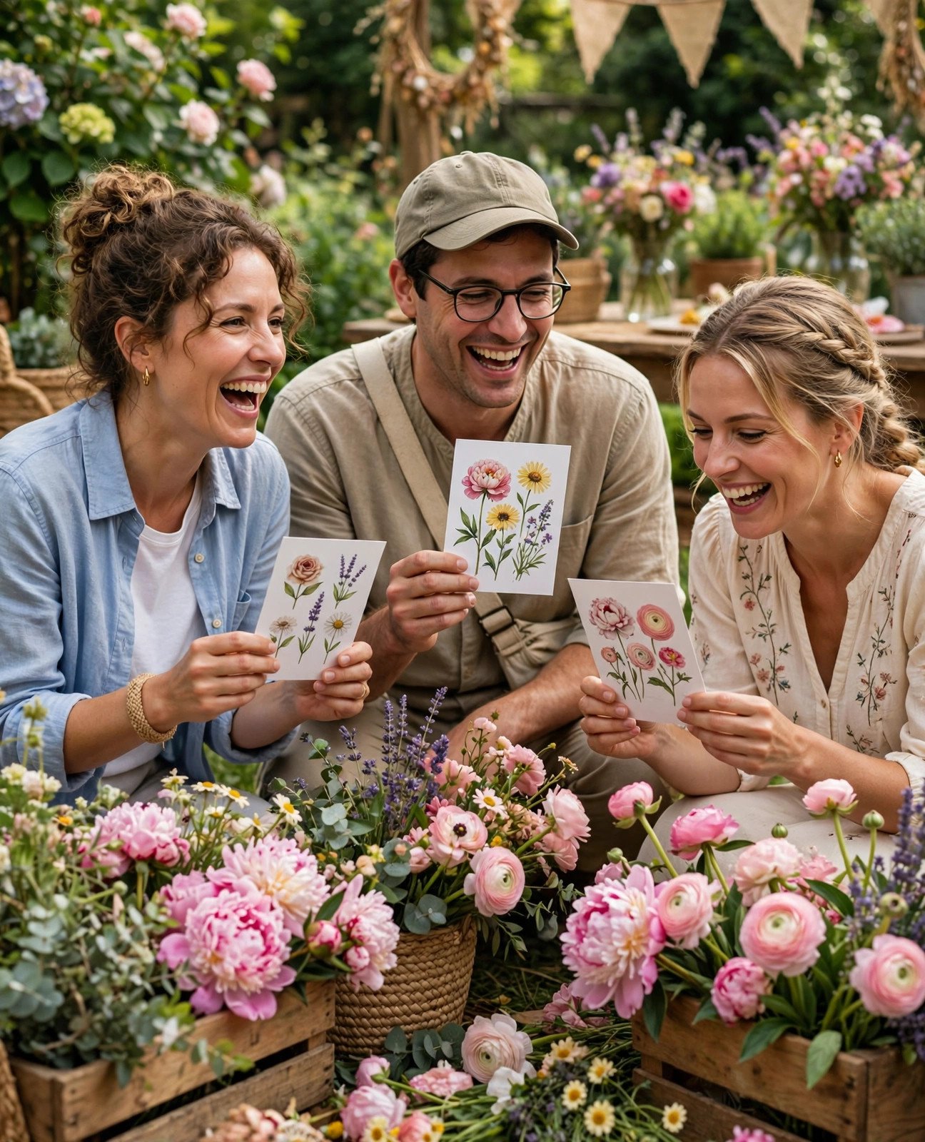 Guests playing a flower scavenger hunt game in a garden party setting