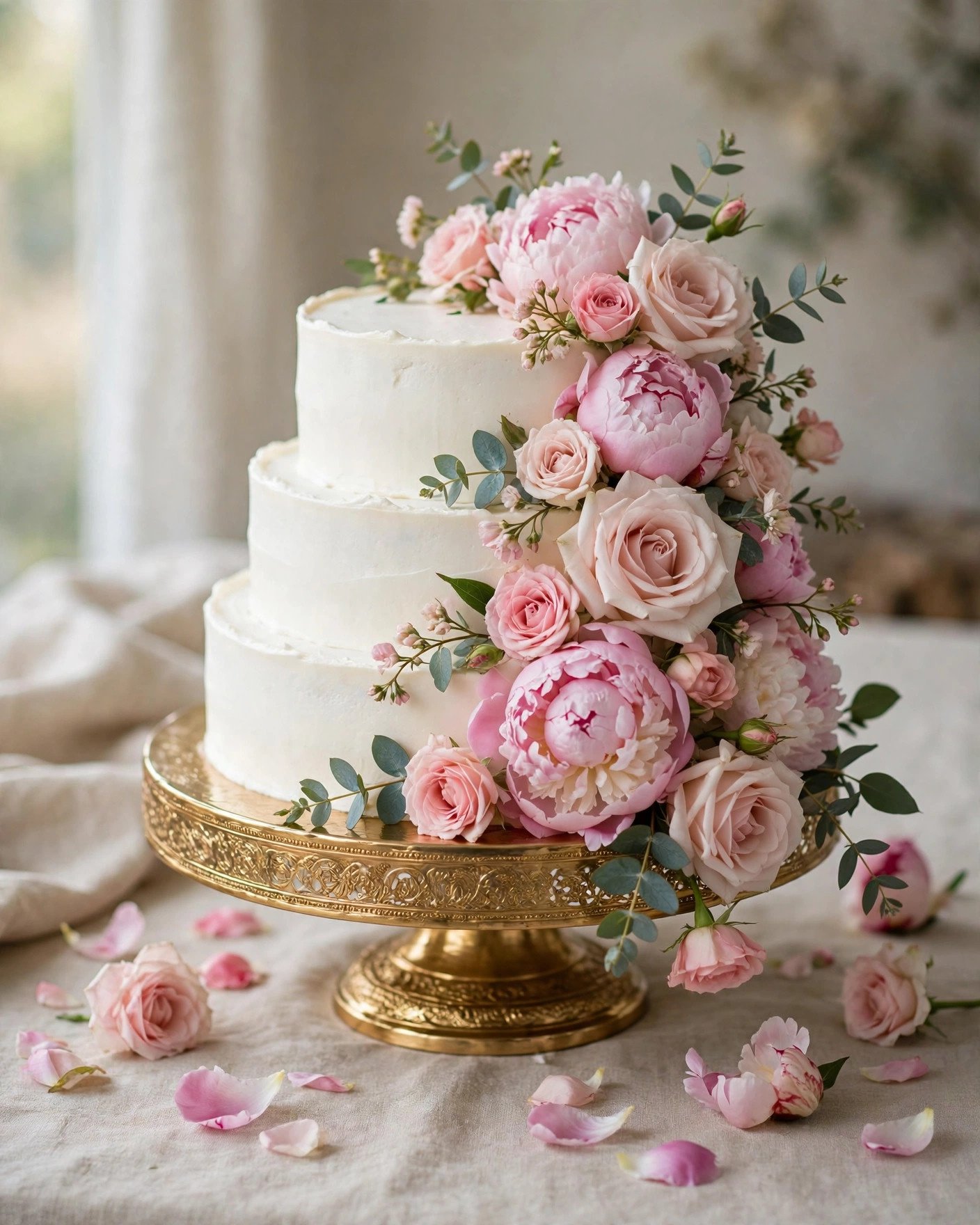 Elegant white cake decorated with fresh roses and peonies at a party