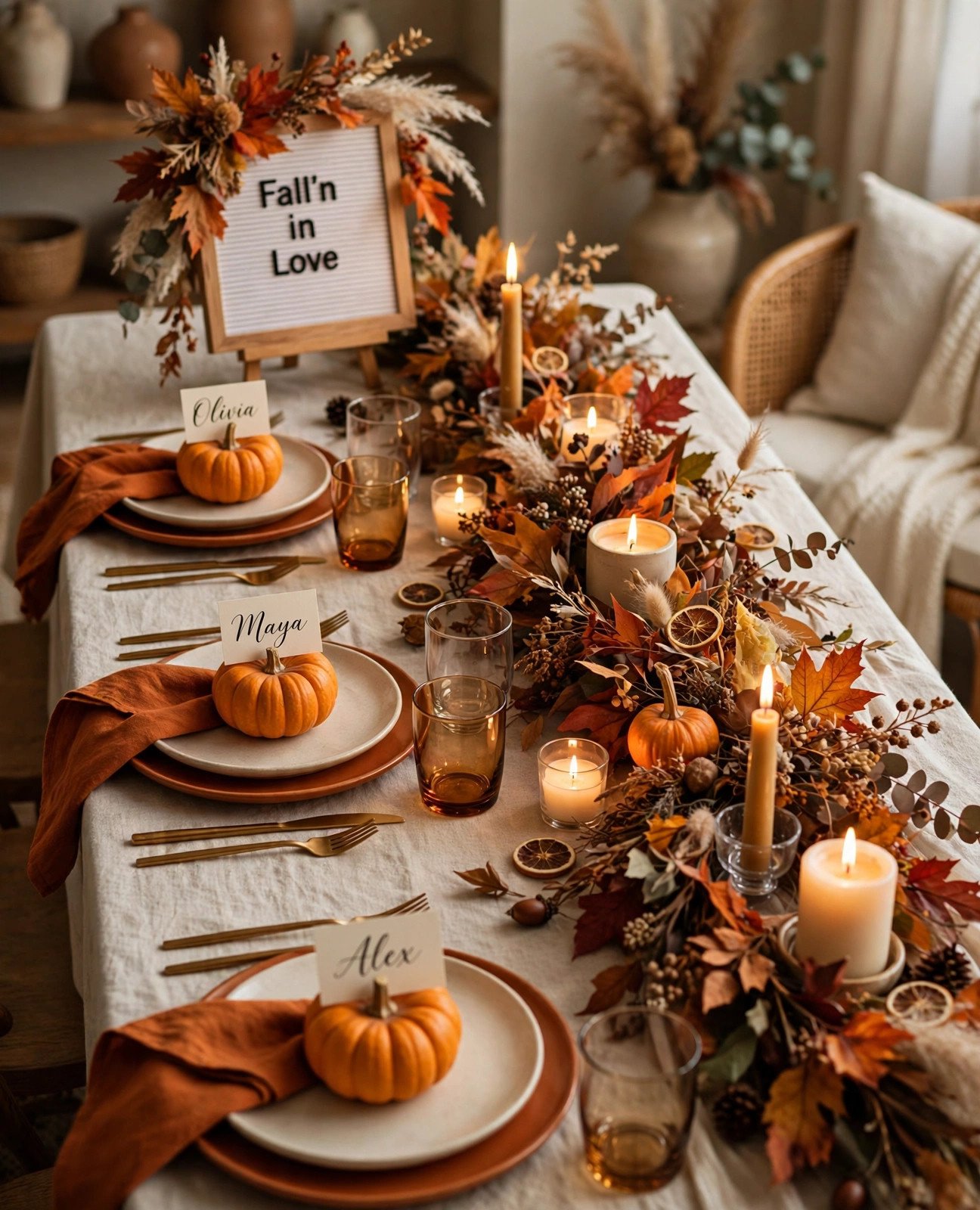 Bridal shower table with fall leaves, pumpkins and a 'Fall'n in Love' sign