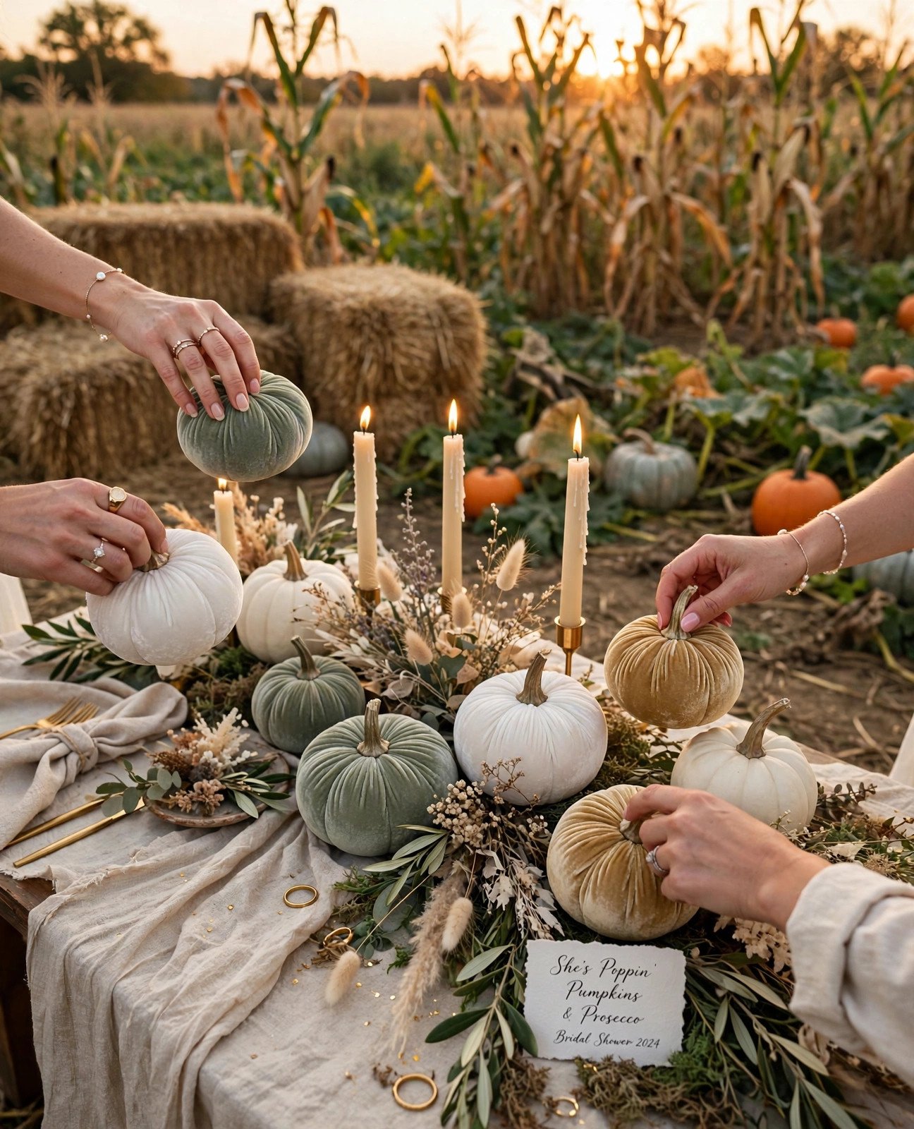 Elegant outdoor bridal shower among pumpkins with chic table styling in a pumpkin patch
