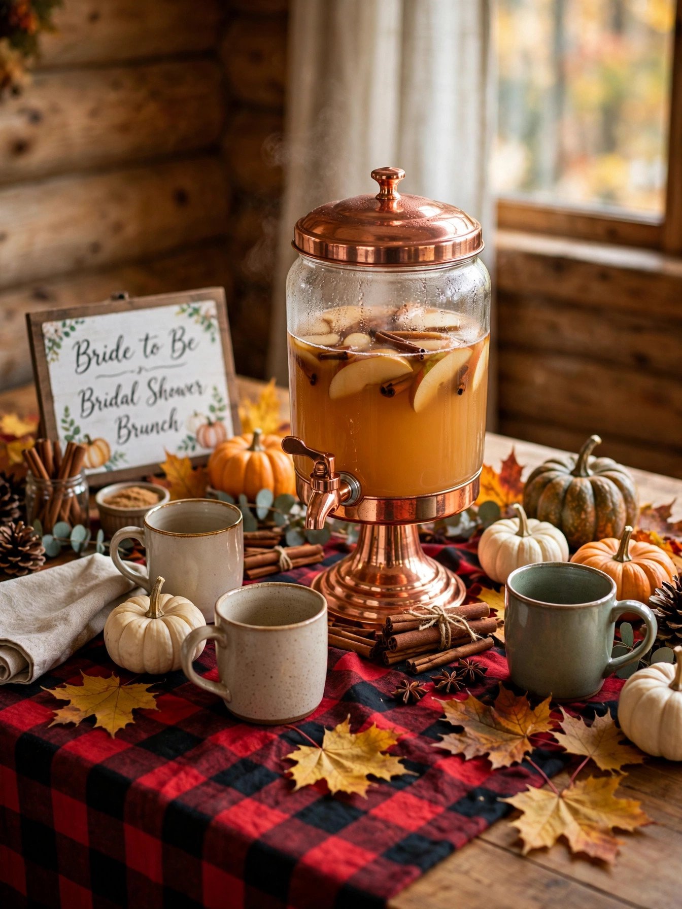 Cozy bridal shower with flannel blankets, plaid decor and champagne cocktails