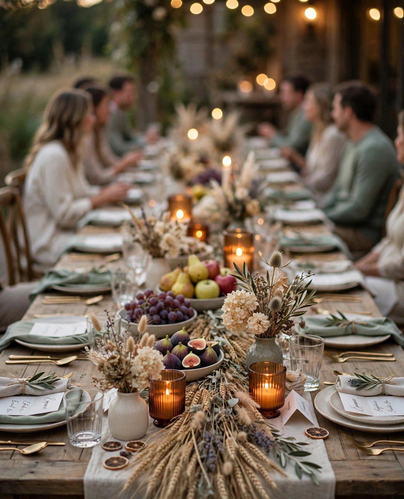 Elegant long harvest table bridal shower with autumn centerpieces, wheat and candles