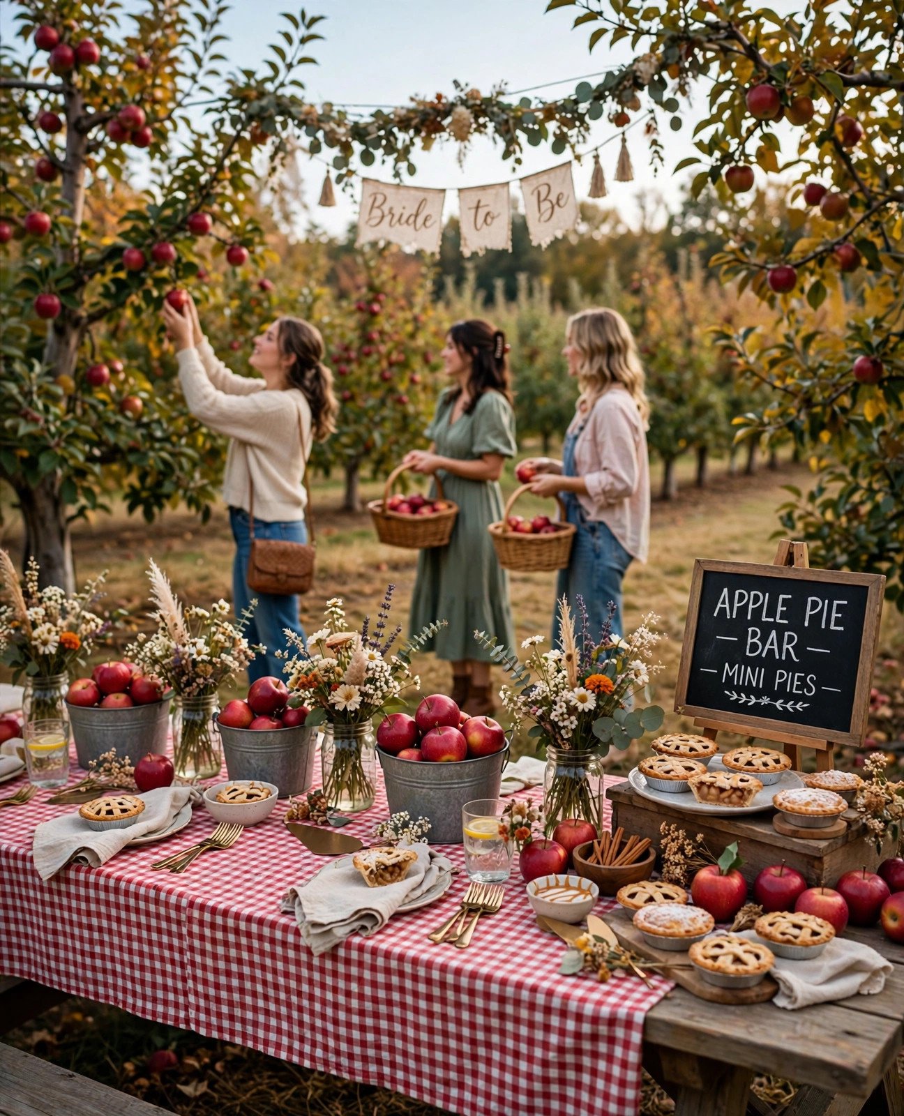 Daytime bridal shower in an apple orchard with gingham linens and apple decor