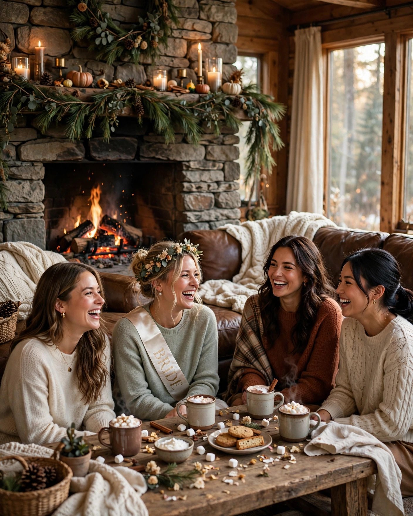 Cozy cabin interior bridal shower weekend with fireplace, blankets and fall decor
