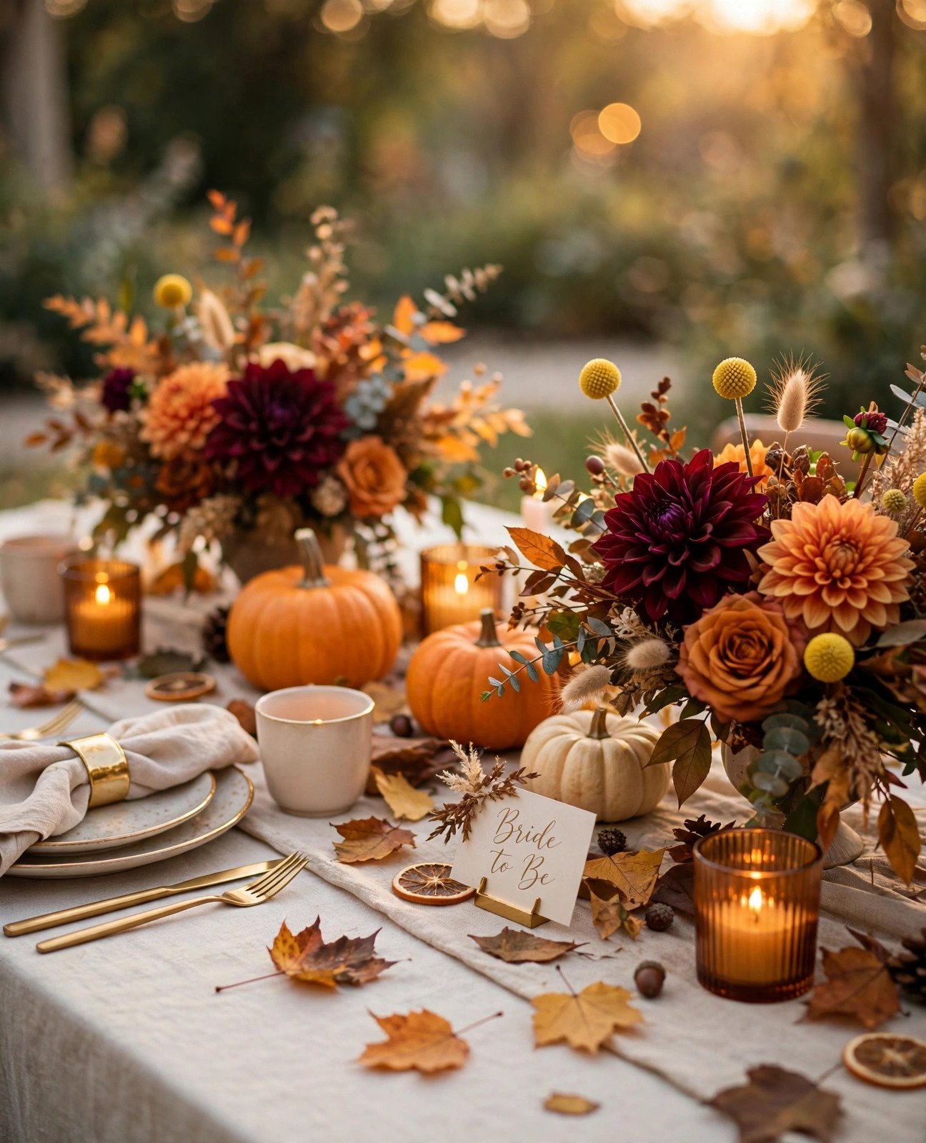 Cozy fall bridal shower table decorated with pumpkins, autumn flowers, candles and gold accents