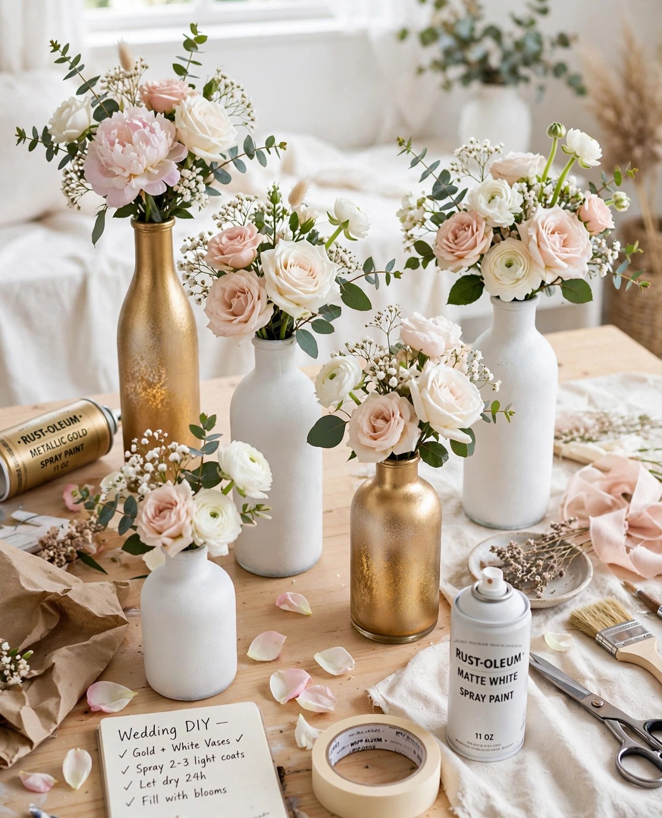 Dollar Tree glass vases spray-painted gold and matte white holding wedding flowers