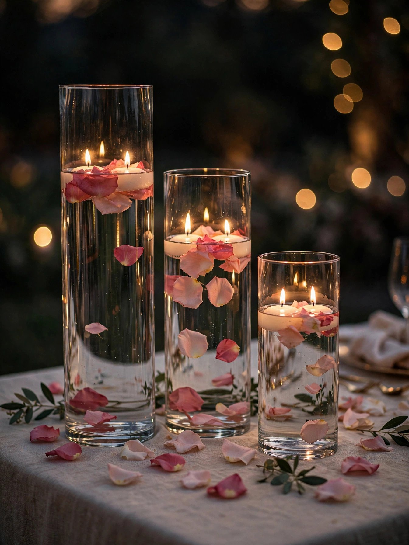Tall Dollar Tree cylinder vases with floating candles and flower petals glowing warmly