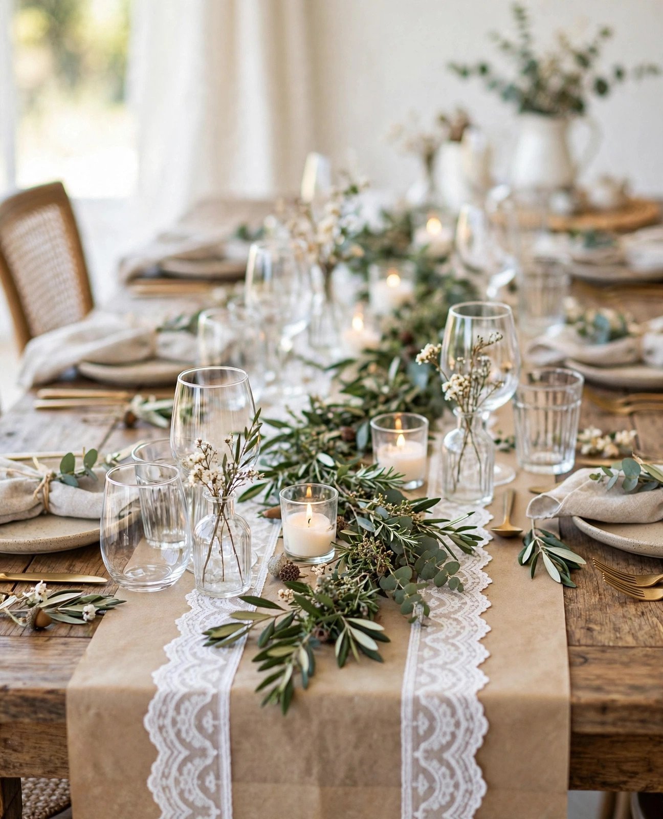 Wedding reception table with lace and kraft paper table runner styled with greenery