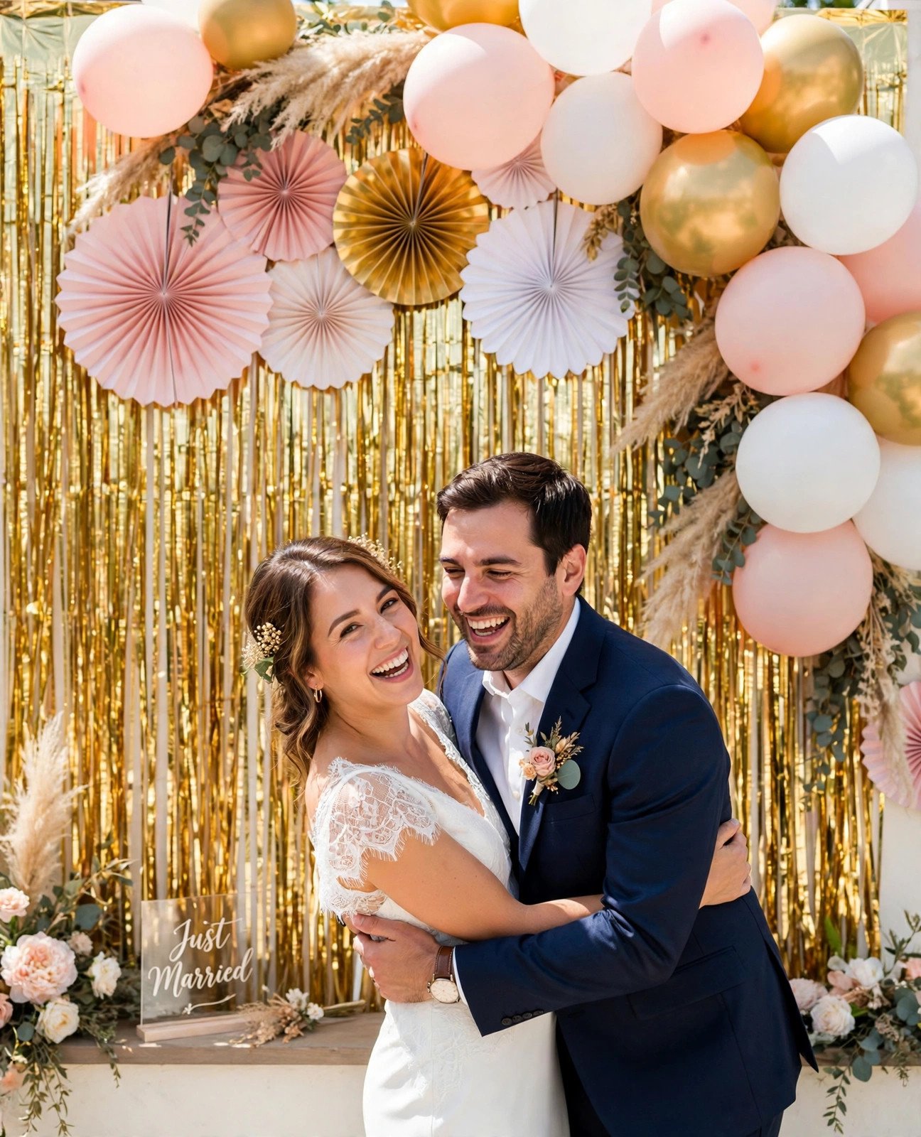 Gold foil fringe curtain photo backdrop wall with balloons at a wedding