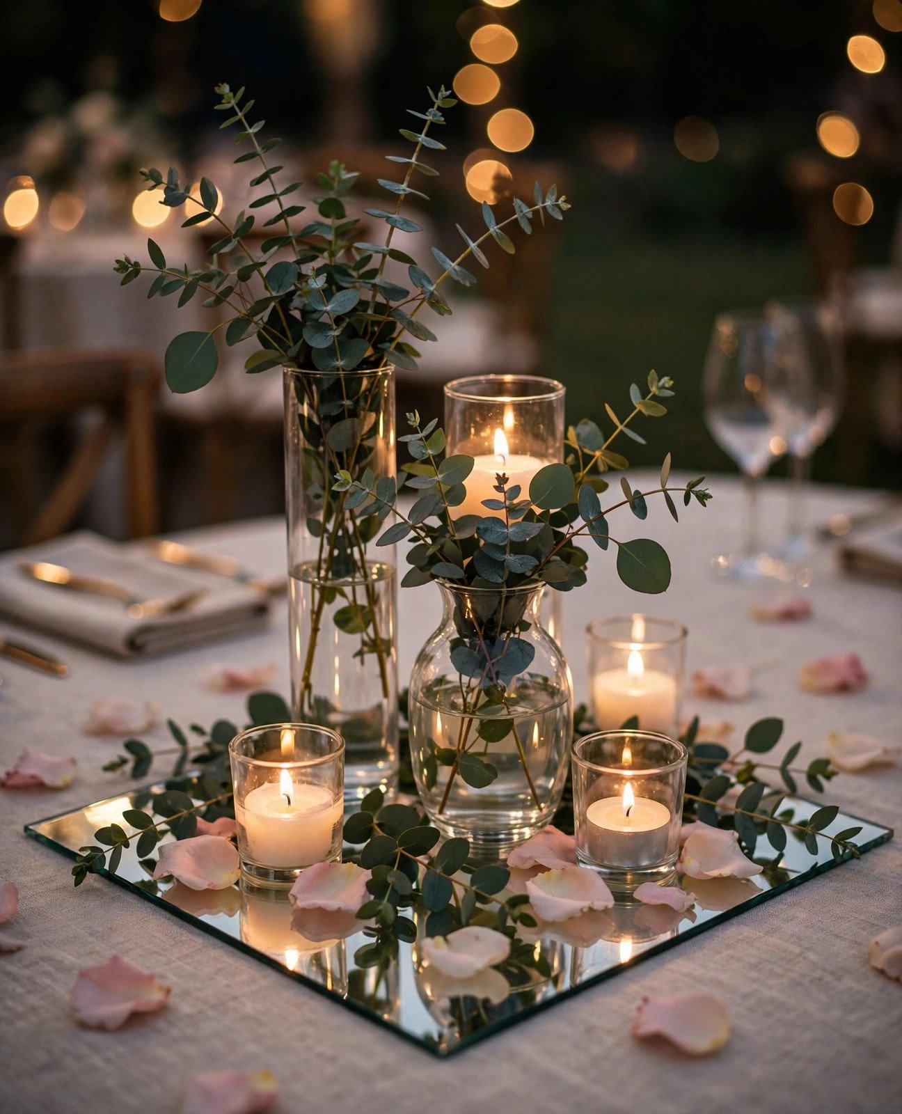 Elegant wedding centerpiece with mirror tile base, glass vases, candles and eucalyptus