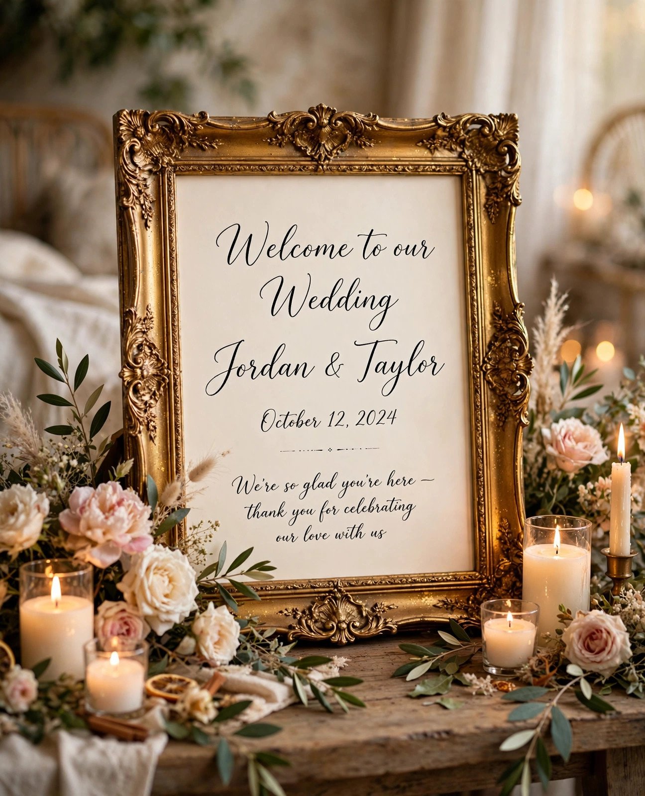 Gold ornate Dollar Tree picture frame holding a wedding welcome sign on a table