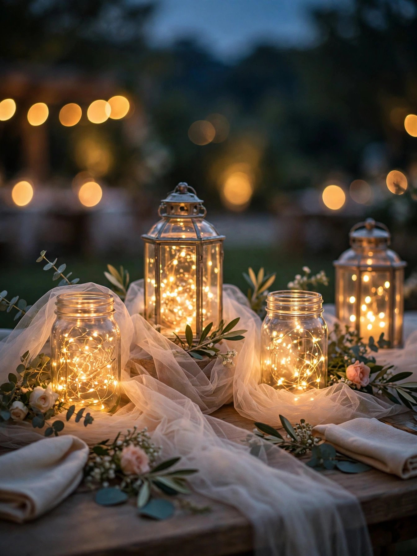 Mason jars and lanterns filled with warm fairy lights glowing at an evening wedding