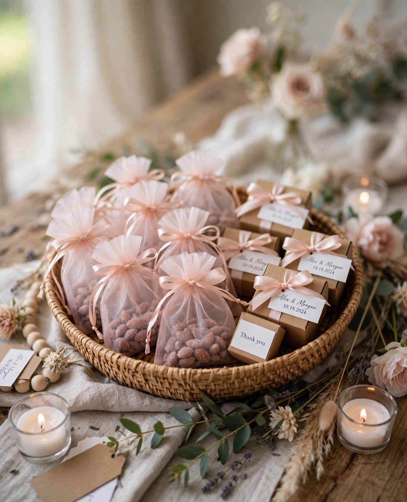 Elegant wedding favors in organza bags and kraft boxes tied with ribbon and tags