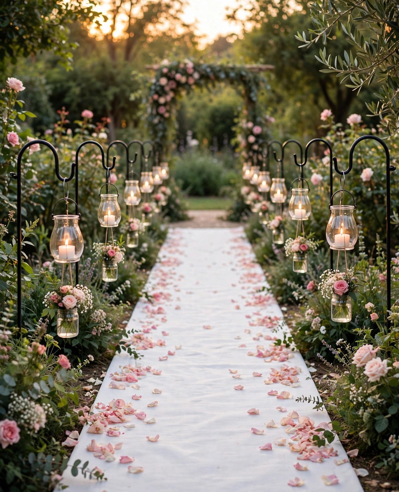 Outdoor wedding aisle lined with shepherd's hooks holding lanterns and flower jars