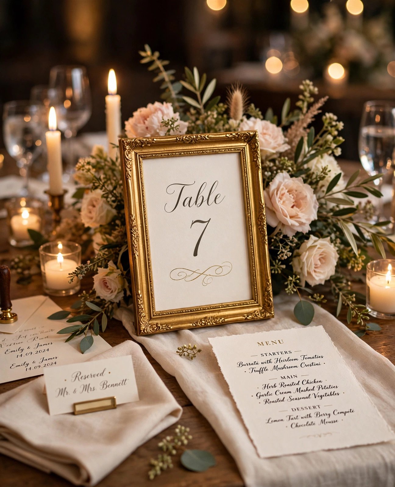 Gold-framed wedding table numbers with elegant printed cards on a reception table