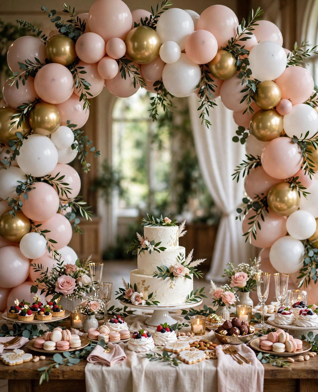Blush white and gold organic balloon garland arch over a wedding dessert table