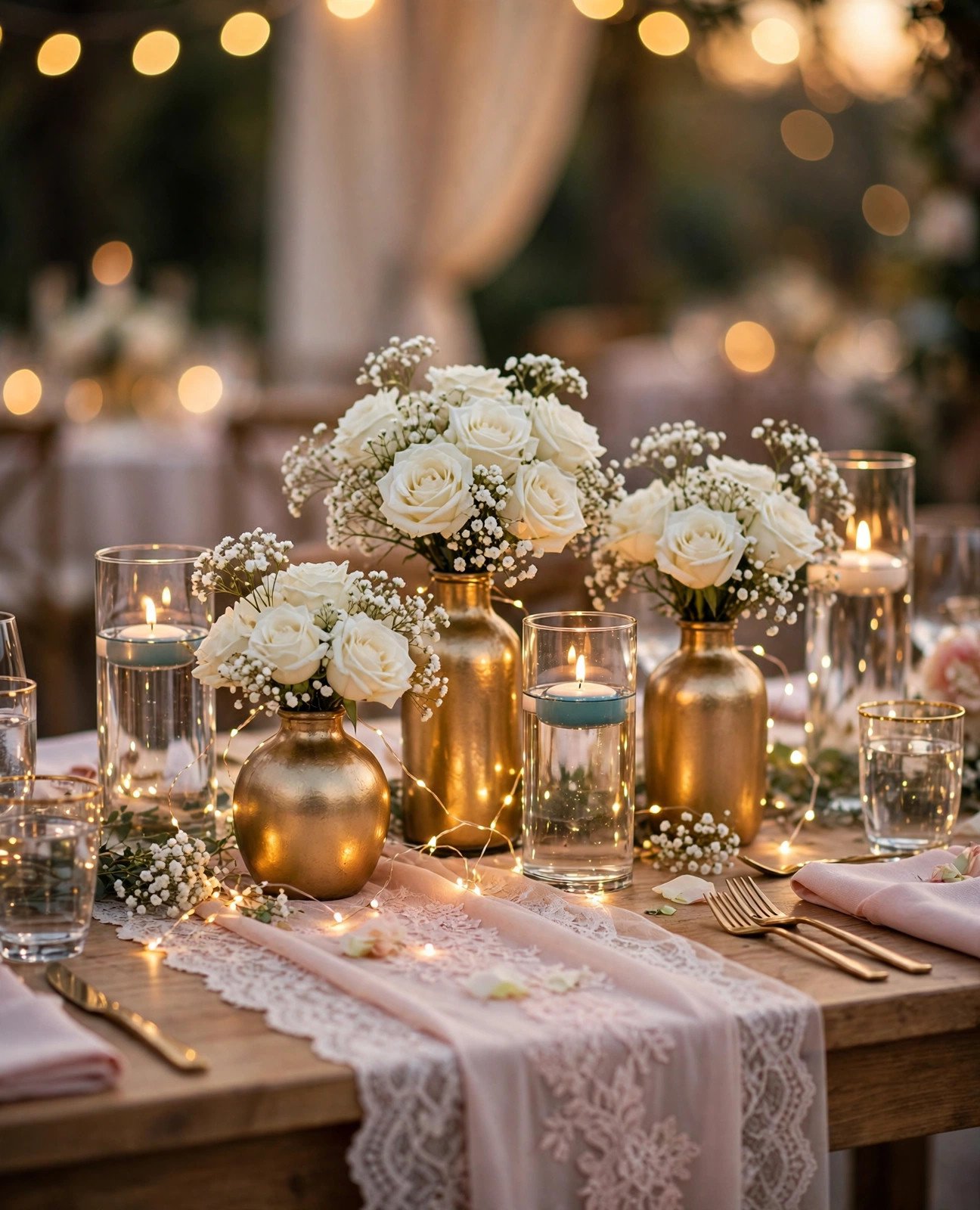 Elegant wedding reception table styled with budget Dollar Tree decor — gold vases, floating candles and fairy lights