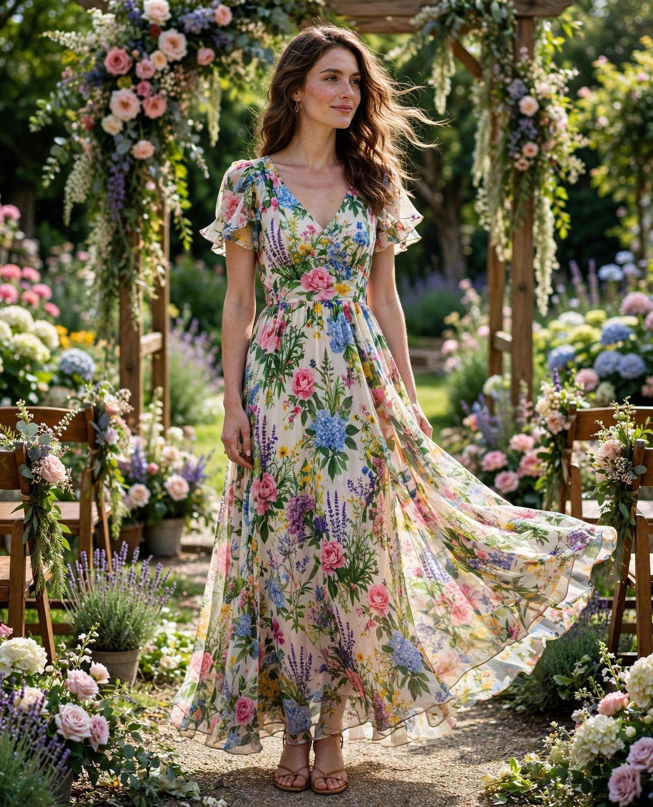Woman in a flowing floral maxi dress at a garden wedding