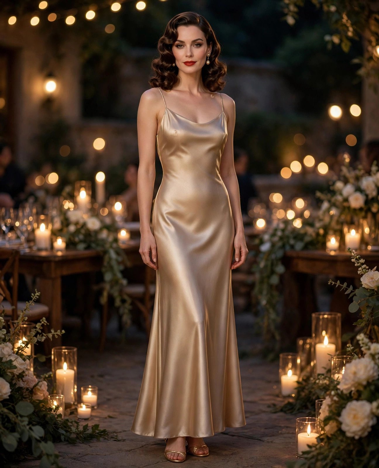 Elegant woman in a champagne satin slip dress at an evening wedding