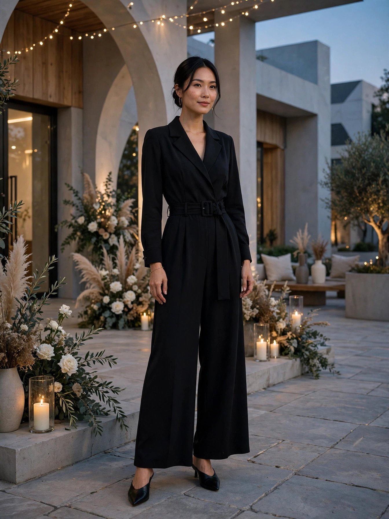 Confident woman in a tailored black wide-leg jumpsuit at a modern wedding