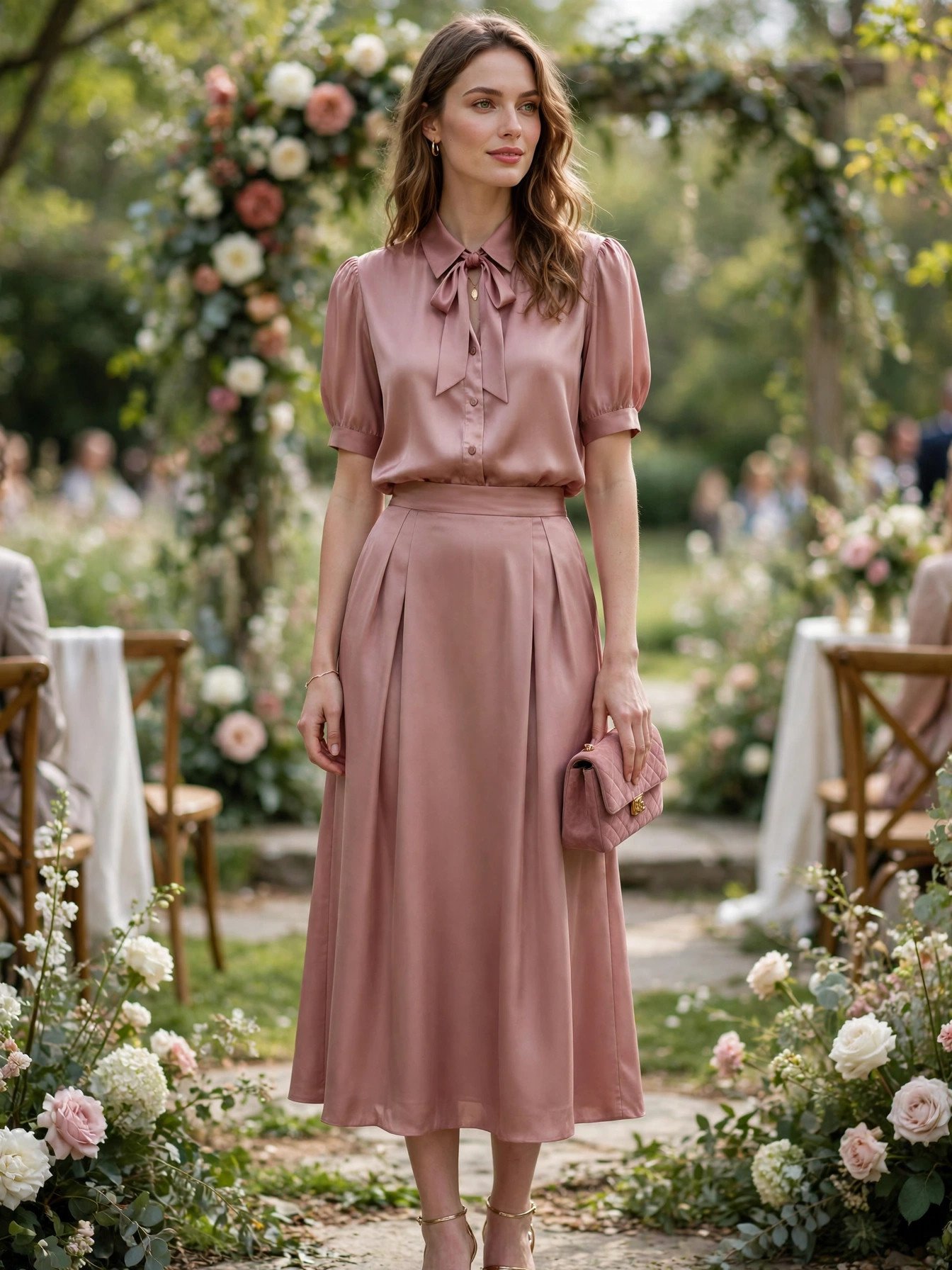 Woman in an elegant matching two-piece top and midi skirt set at a wedding