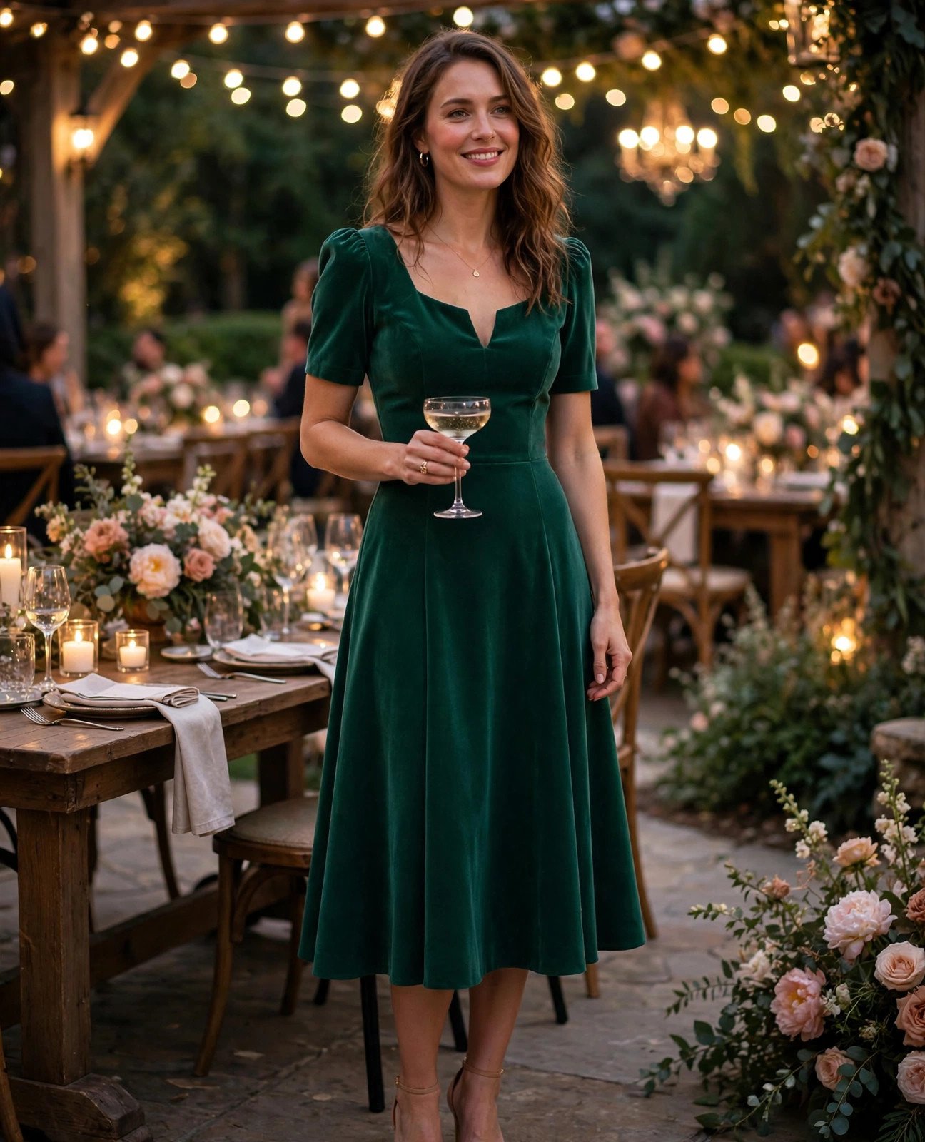 Woman in an emerald cocktail midi dress holding a champagne coupe at a wedding reception