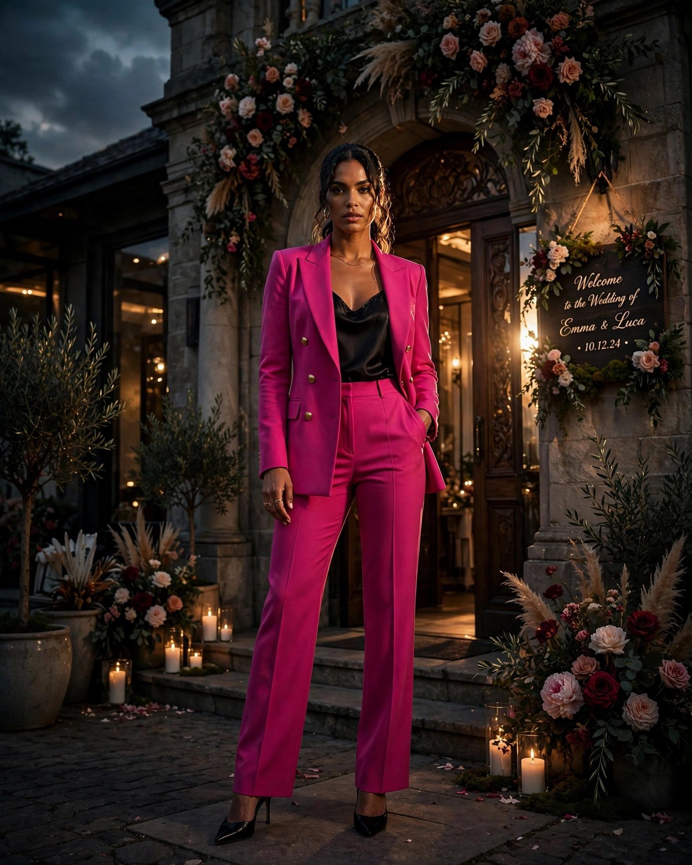 Woman in a bold fuchsia tailored suit at a stylish wedding
