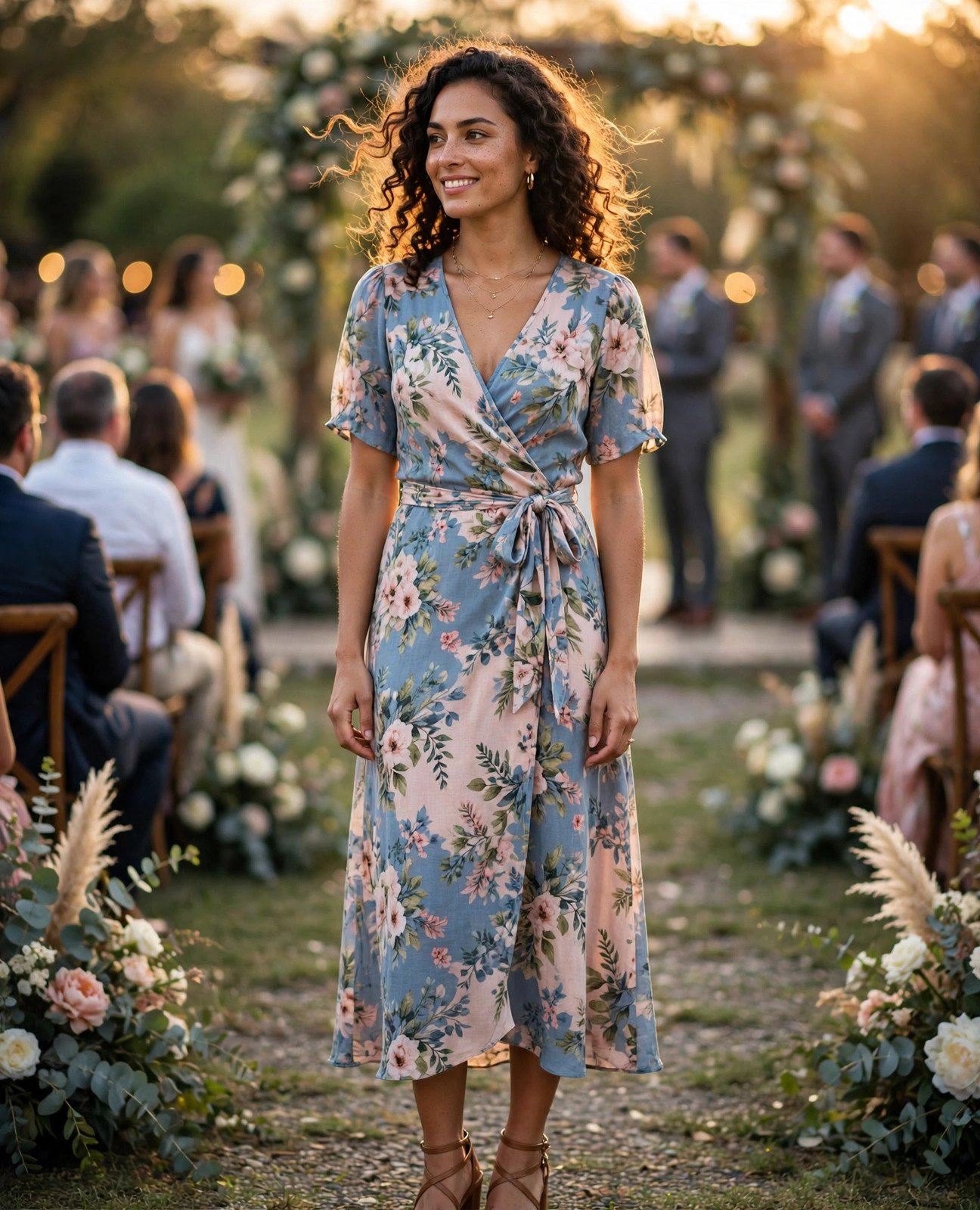 Woman in a flattering printed wrap dress at an outdoor wedding ceremony