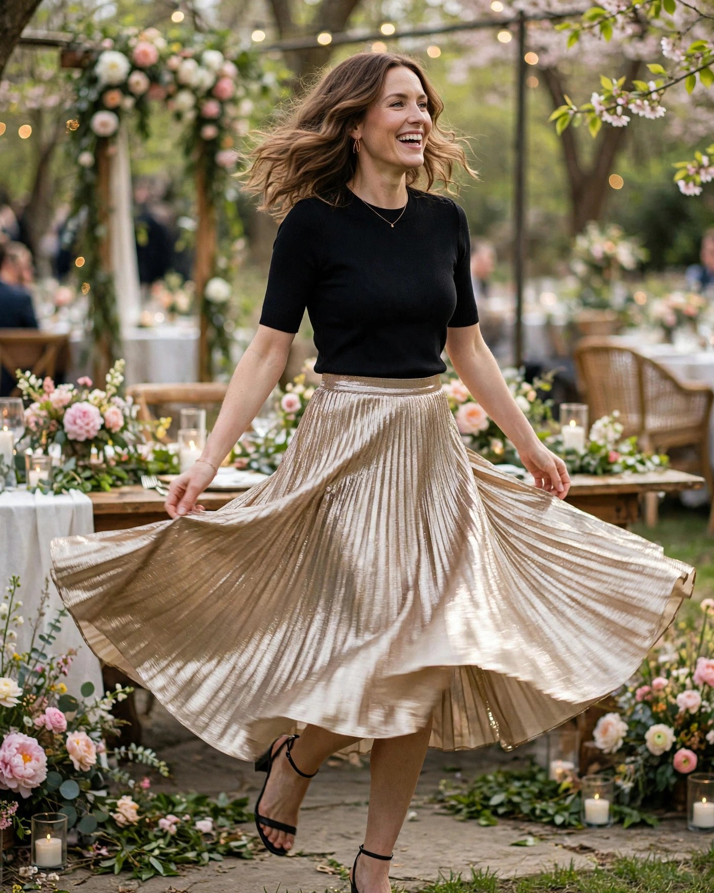 Woman in a metallic pleated midi skirt with a fitted top at a spring wedding