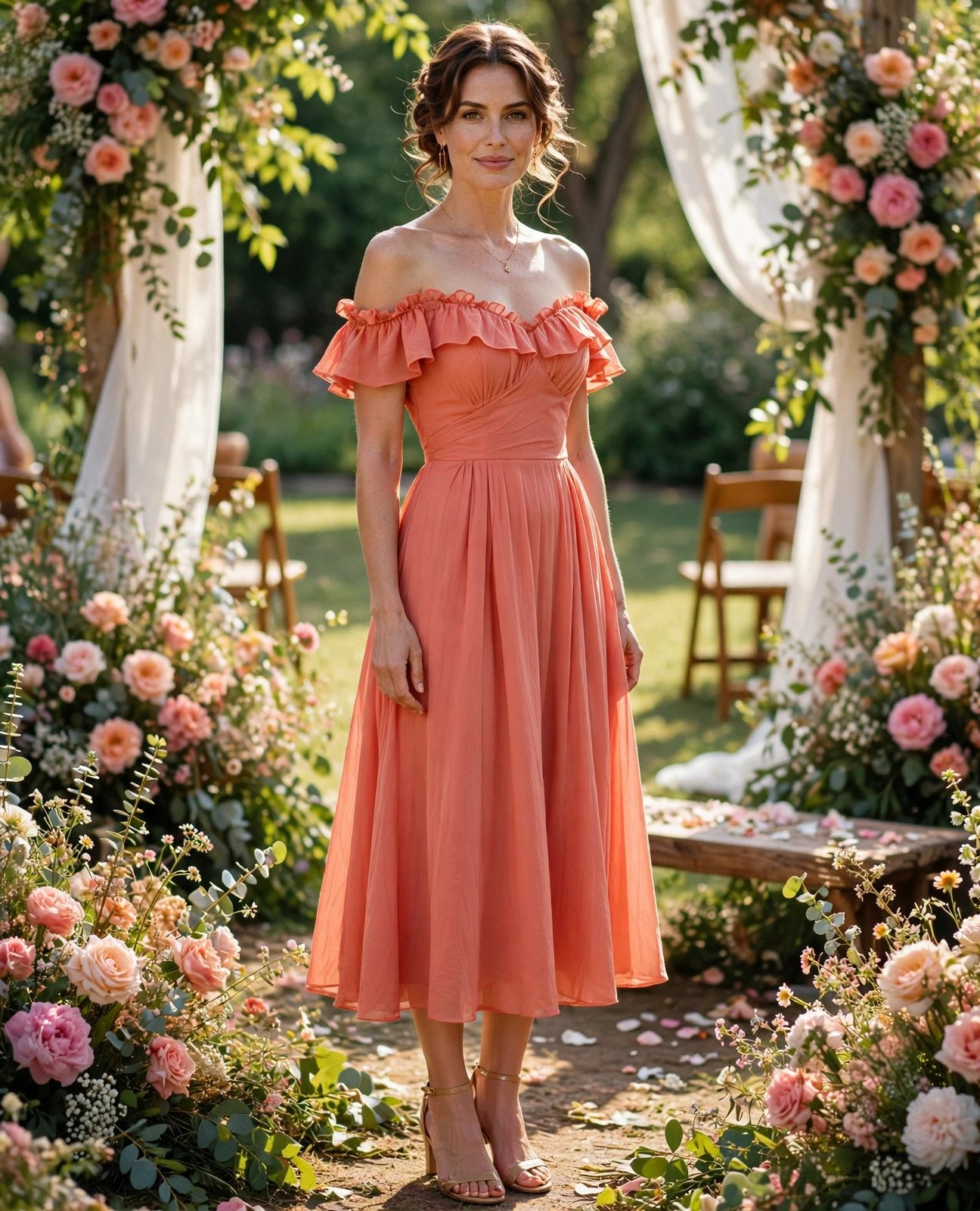 Woman in an elegant off-shoulder midi dress at a summer wedding